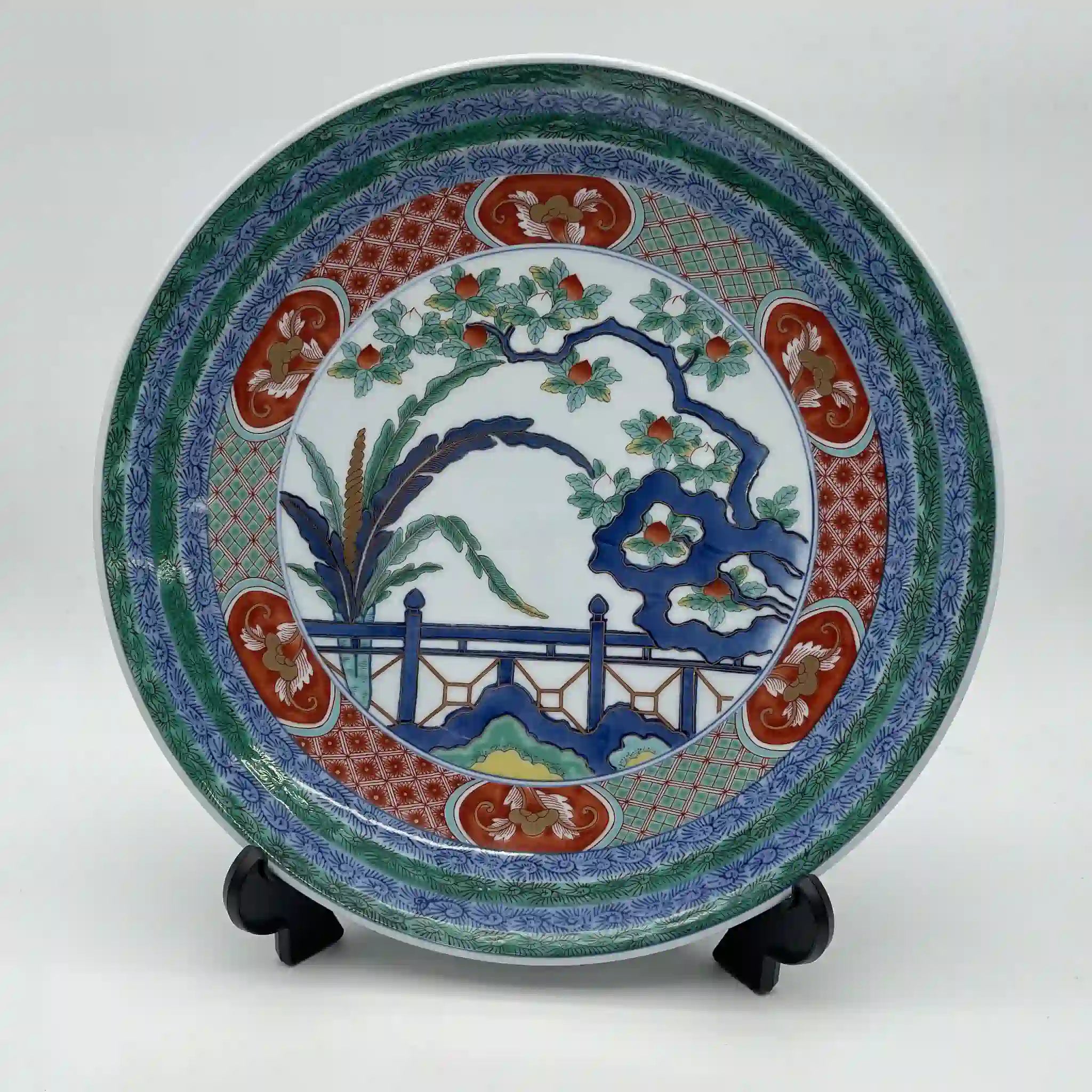 【骨董品】 飾皿 皿立て付 / 有田焼 / 松九寿門 綿桃花絵 / Bone China / 日本 / 未使用