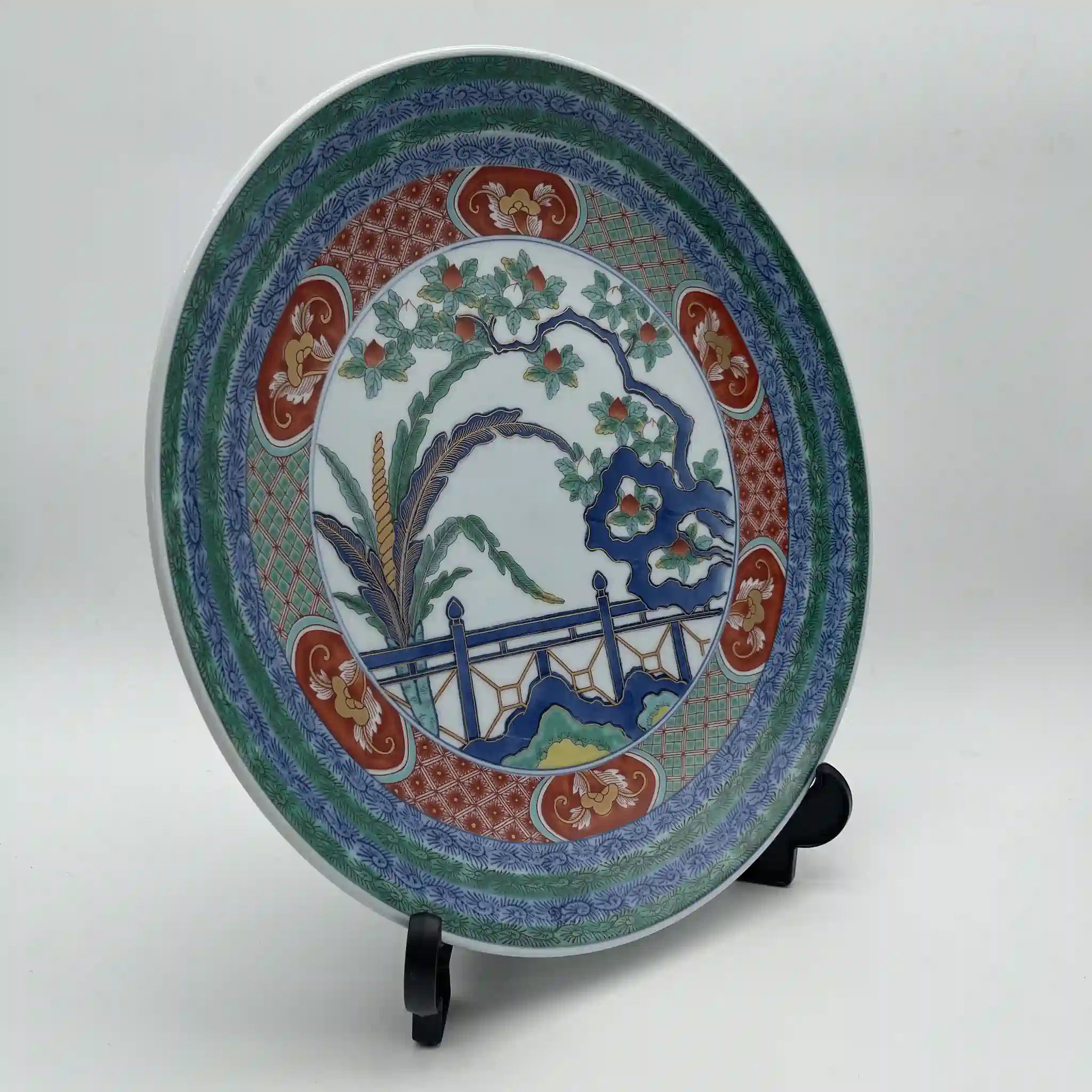 【骨董品】 飾皿 皿立て付 / 有田焼 / 松九寿門 綿桃花絵 / Bone China / 日本 / 未使用