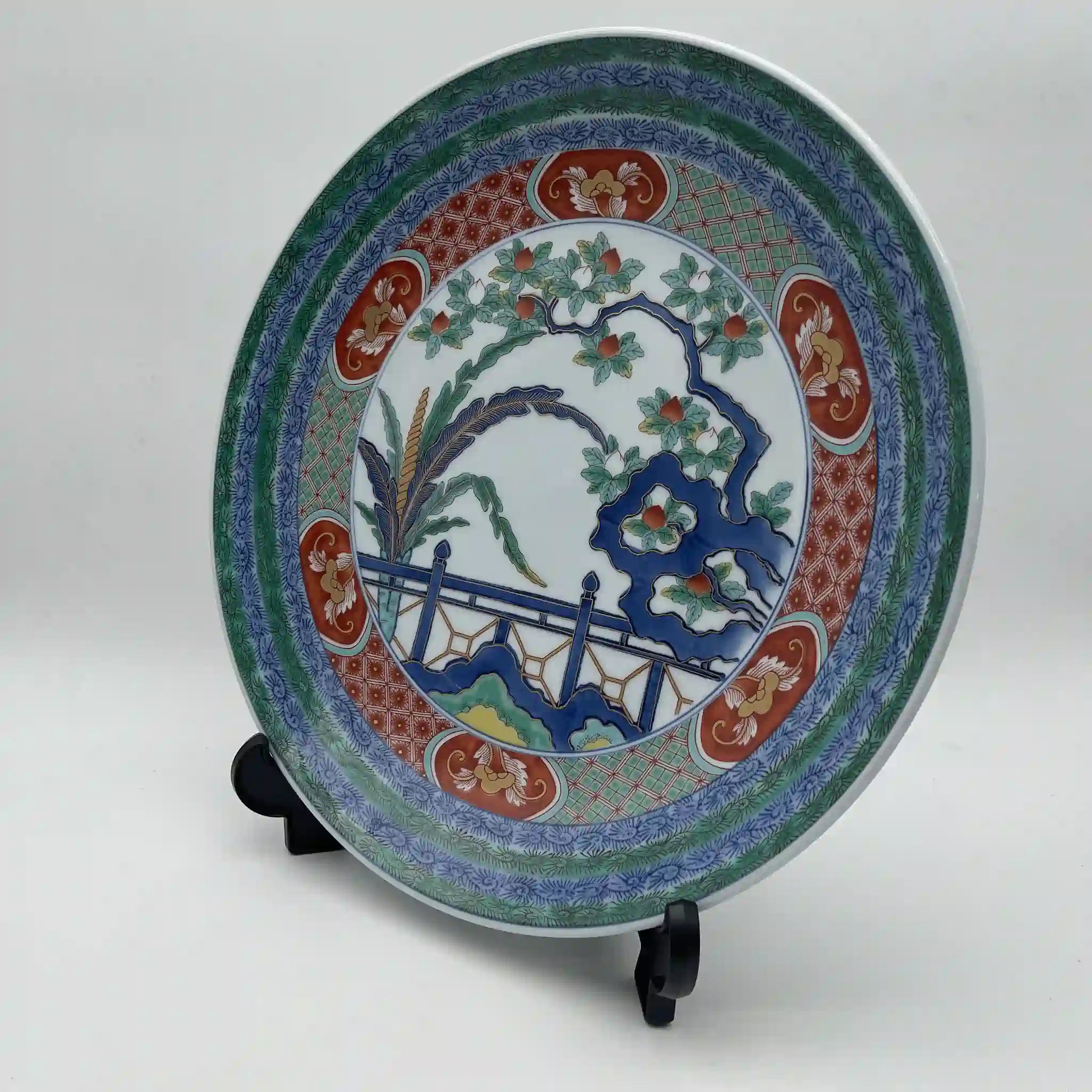 【骨董品】 飾皿 皿立て付 / 有田焼 / 松九寿門 綿桃花絵 / Bone China / 日本 / 未使用