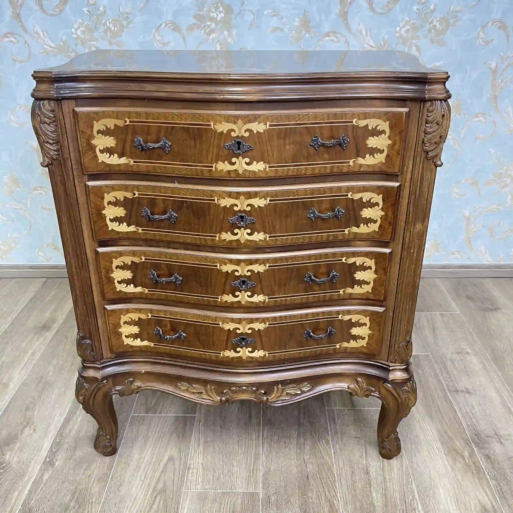 【アンティーク】 サーペンタイン型チェスト / フランス / 象嵌,猫脚