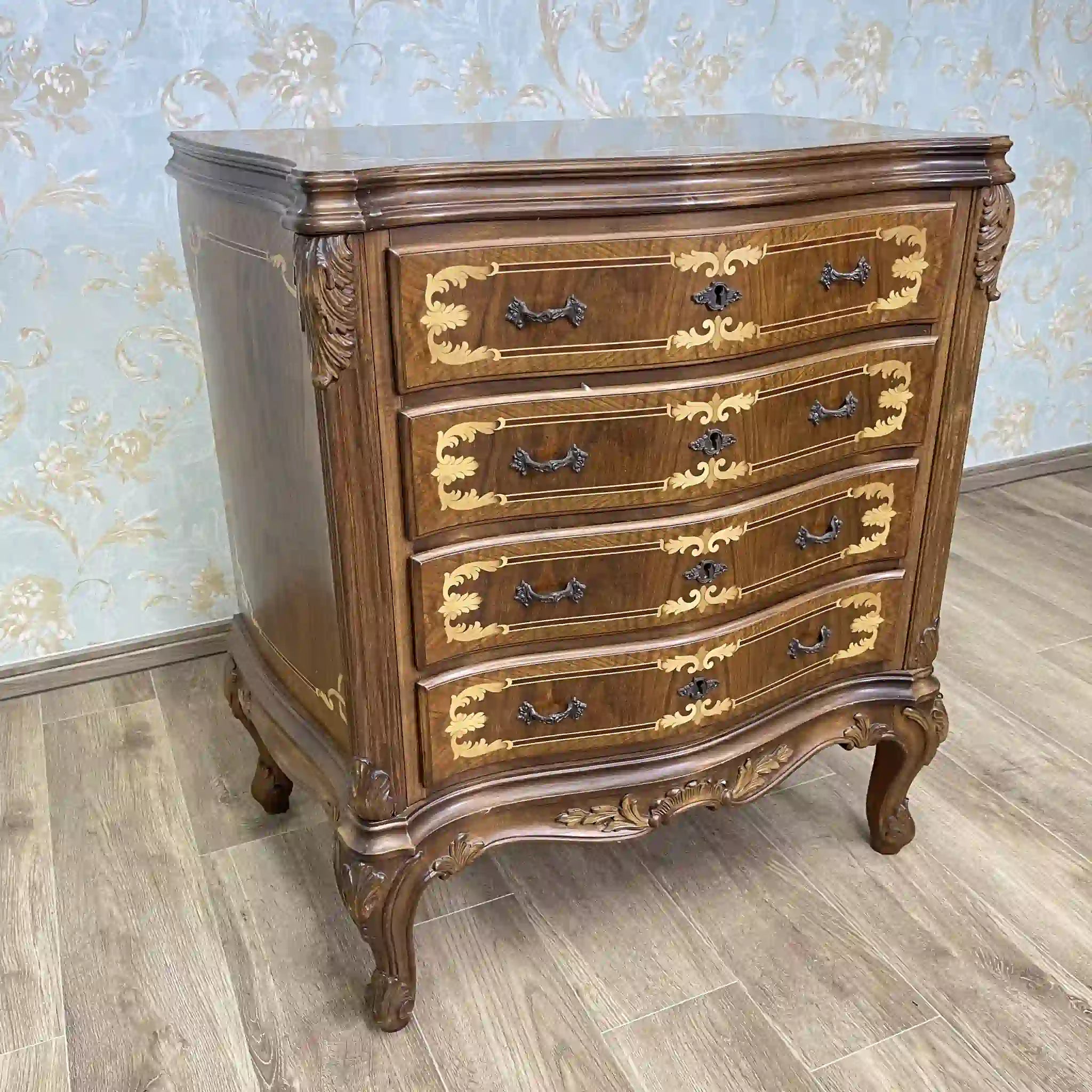 【アンティーク】 サーペンタイン型チェスト / フランス / 象嵌,猫脚