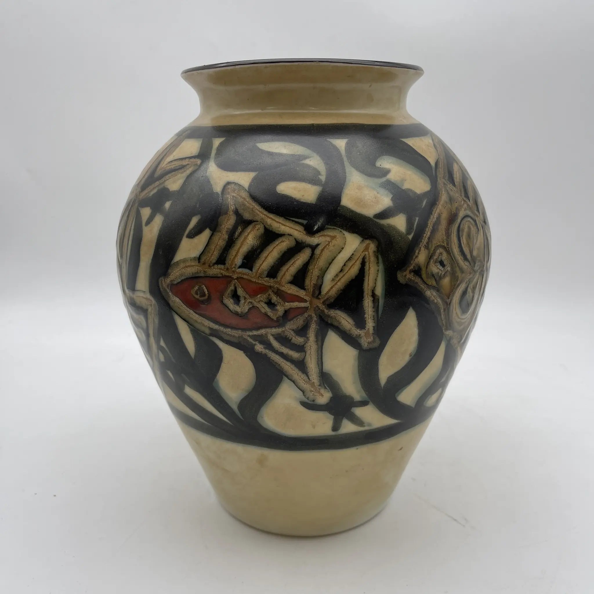 【复古】壶/琥山窑/推测1970-1980s /陶器/日本/鱼文