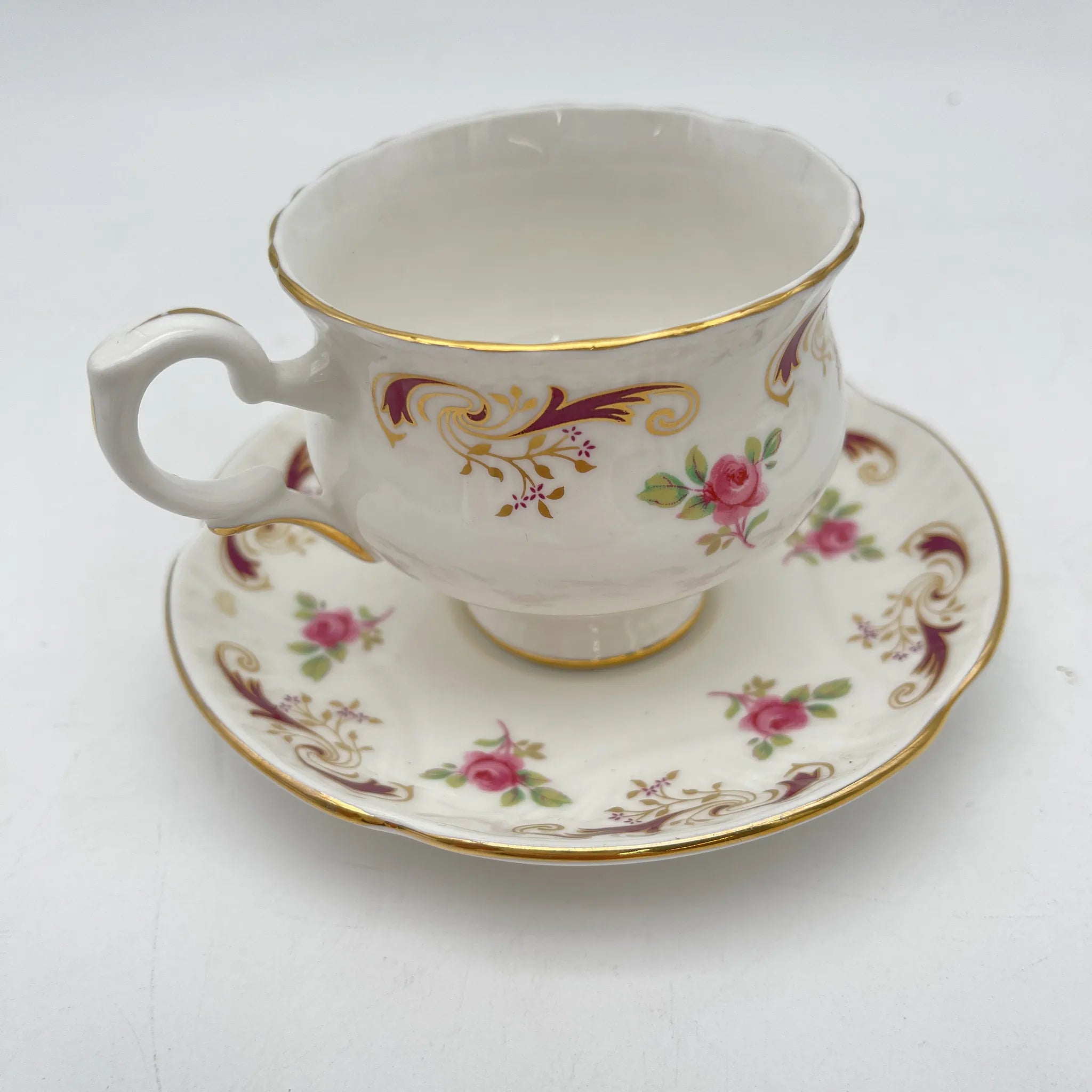 【复古】茶杯&茶托2p +备用茶托/ Crown Staffordshire(皇冠斯塔福德郡)/估计1930-50s / Fine Bone China /英国/玫瑰,滚动