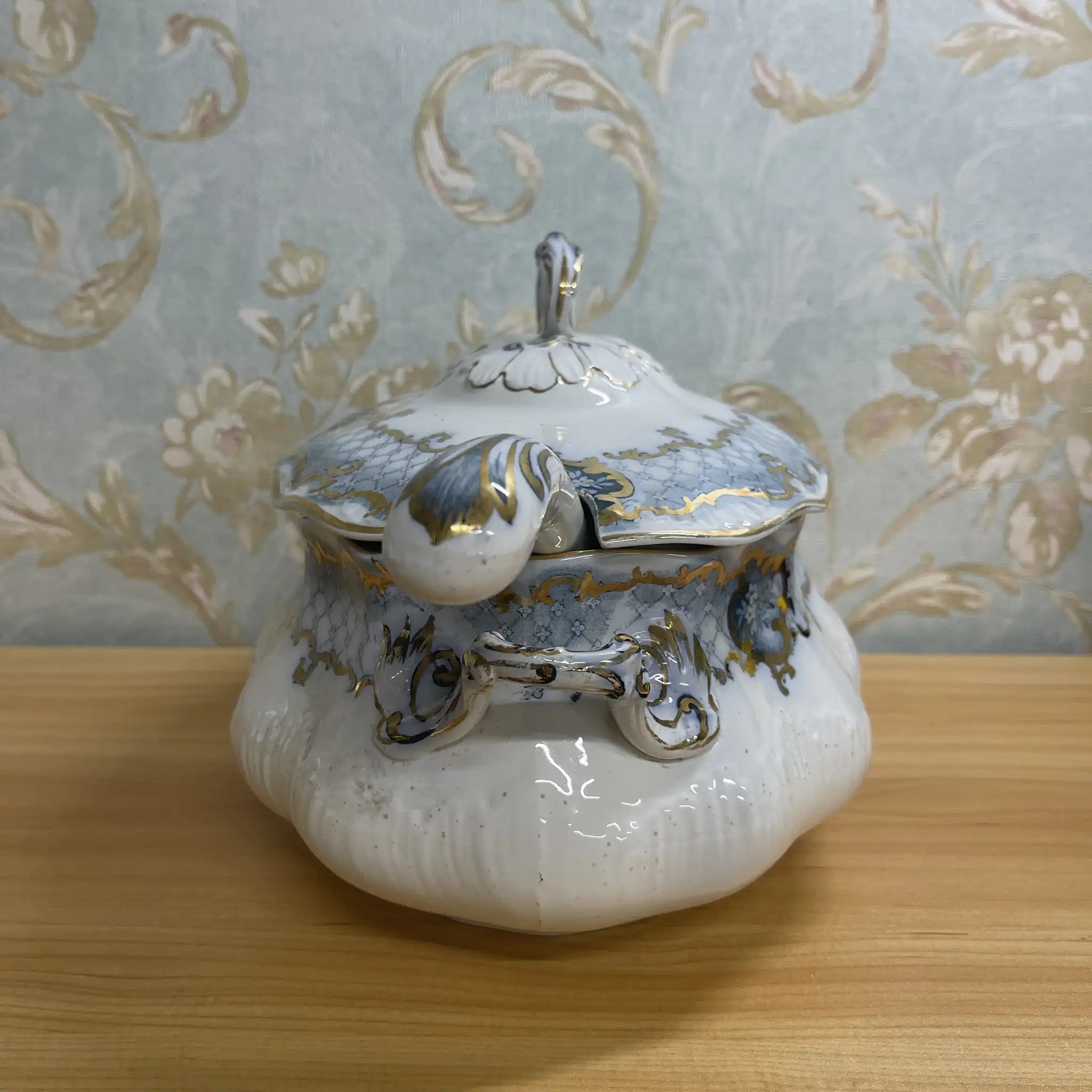 【アンティーク】 スープチューリン+レードル / Furnivals / Venice / 推定1900前後 / 陶器 / イギリス / ロカイユ, スクロール, ラティスワーク