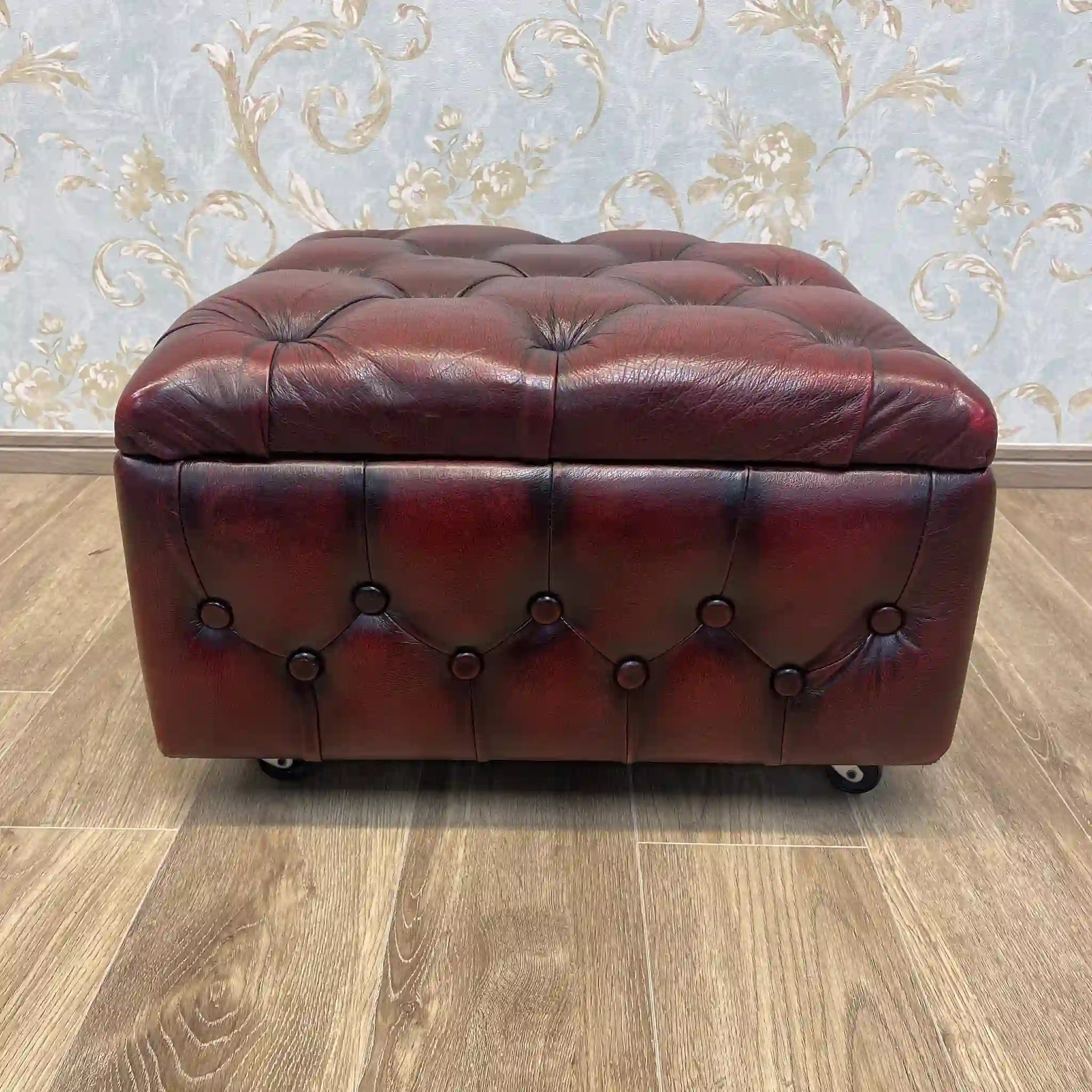 Antique Footstool / 1940s / Genuine Leather / England / Deep Button Tufting, Full Leather Upholstery, Wooden Frame