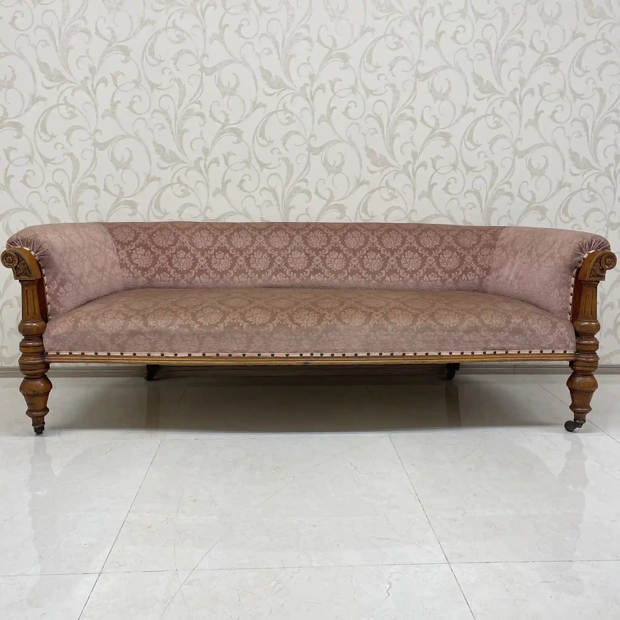 【アンティーク】 ロングソファ / ろくろ脚,彫刻,ダマスク織