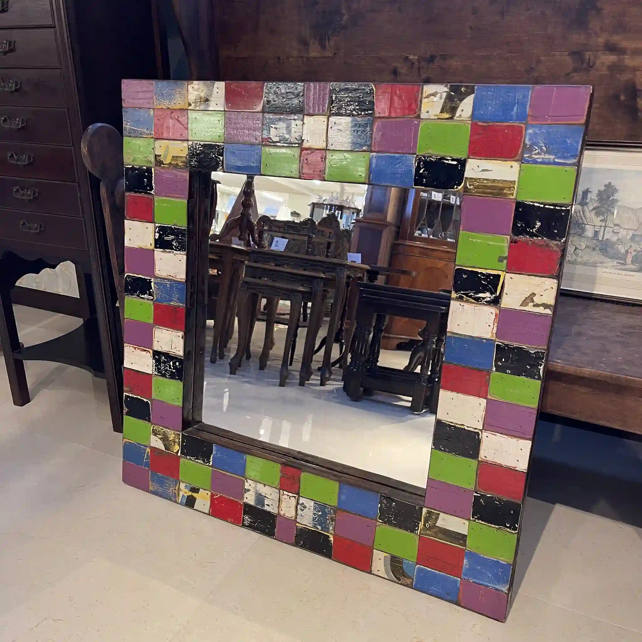 【アンティーク】 壁掛けミラー / パッチワーク,モザイクウッド