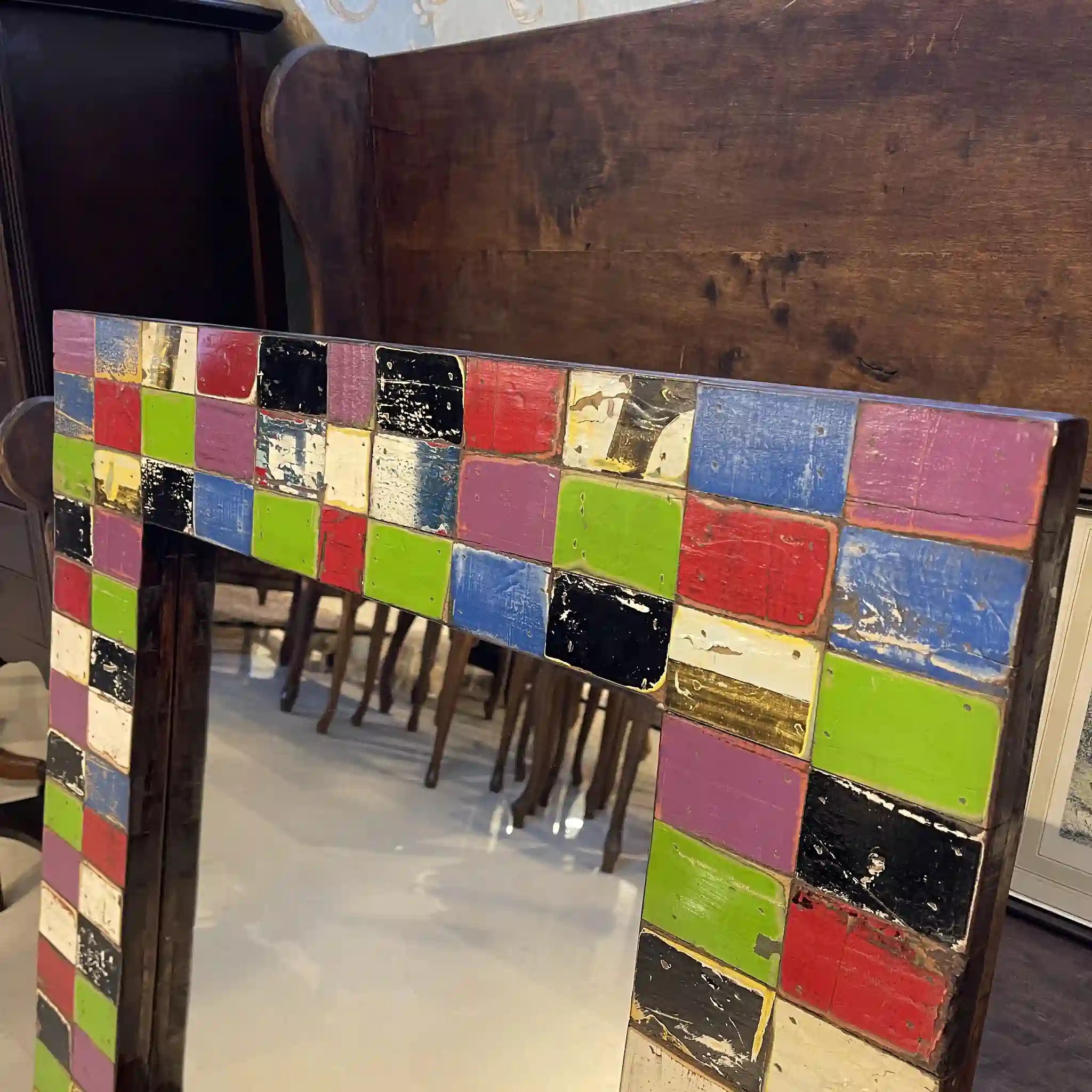 【アンティーク】 壁掛けミラー / パッチワーク,モザイクウッド