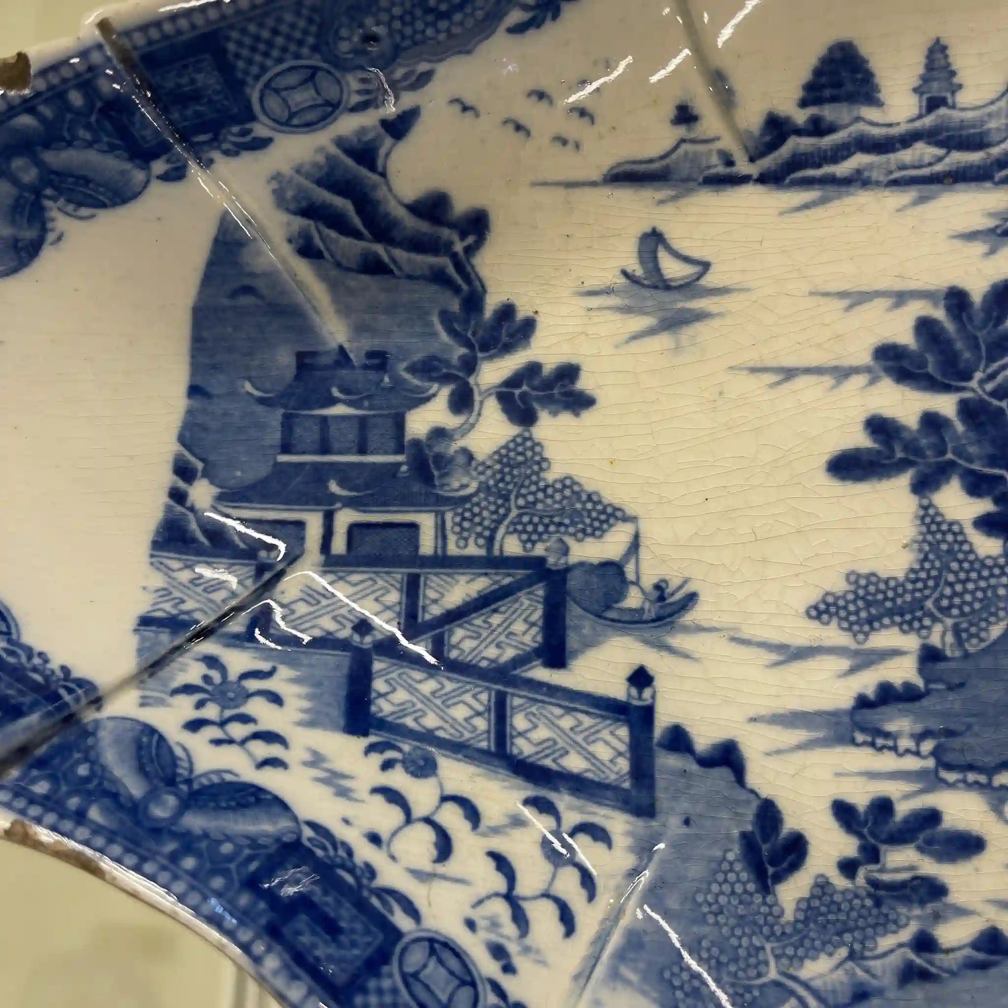 古董德文郡瓷盤(碟)/ 斯波德/ 藍色意大利/ 約1800年/ 英國/ 藍色柳樹圖案,帶凹槽