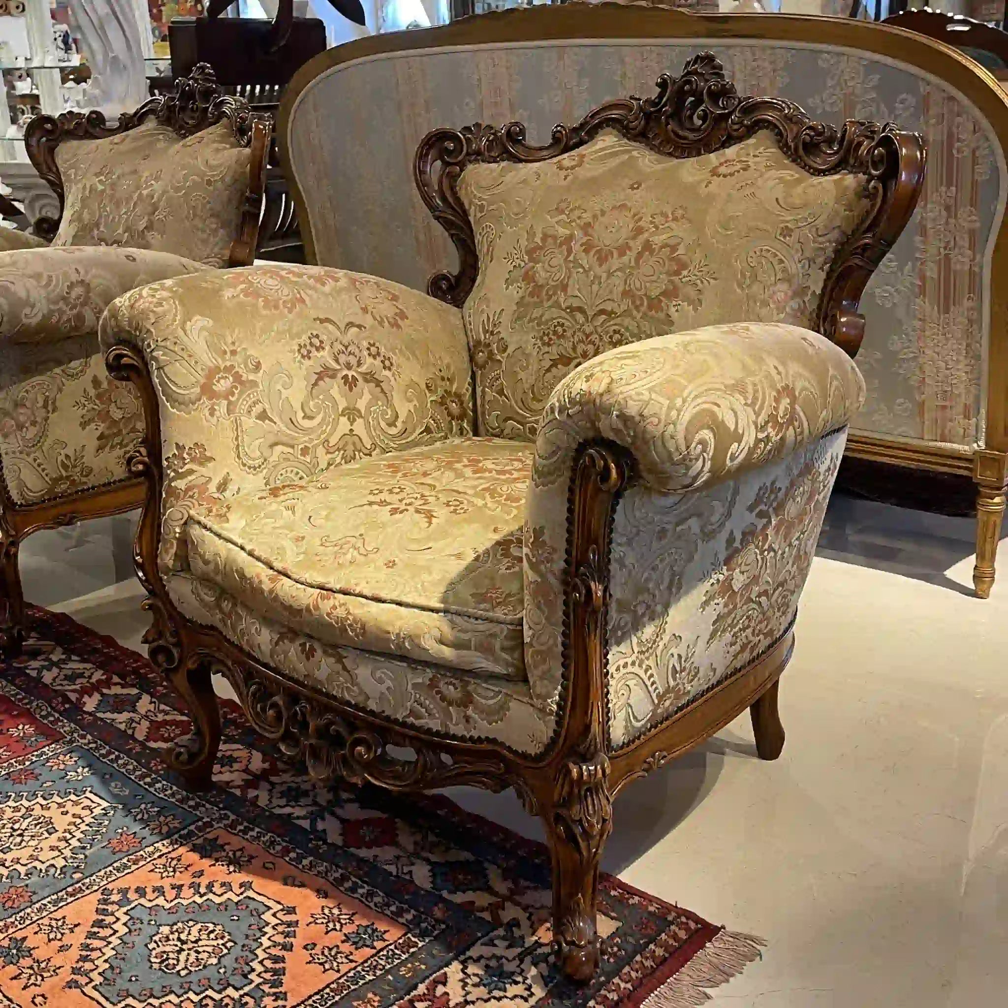 【リユース】 ソファセット / 天然木 / イタリア / アンティーク調,ロココ様式ハンドカービング,金華山織