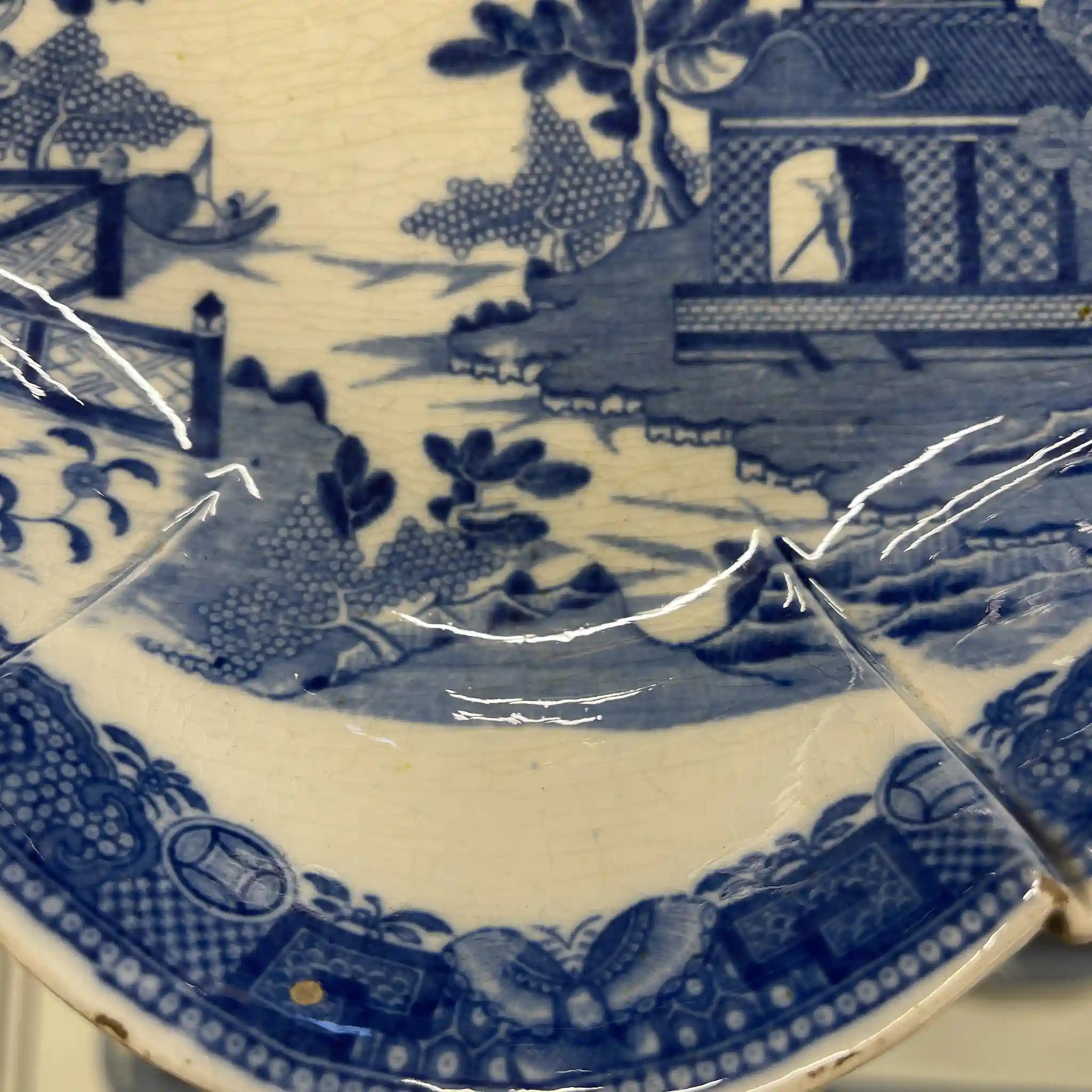 古董德文郡瓷盤(碟)/ 斯波德/ 藍色意大利/ 約1800年/ 英國/ 藍色柳樹圖案,帶凹槽