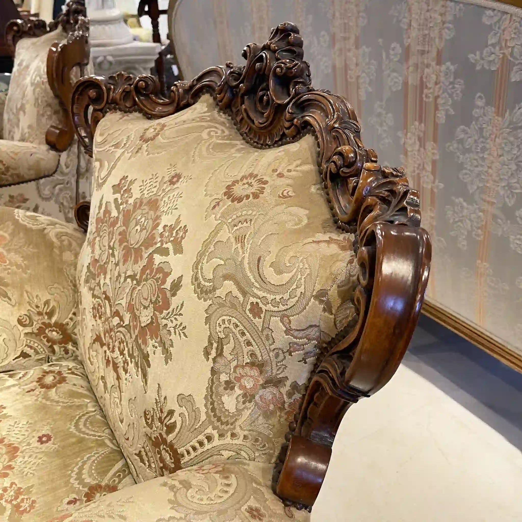 【リユース】 ソファセット / 天然木 / イタリア / アンティーク調,ロココ様式ハンドカービング,金華山織