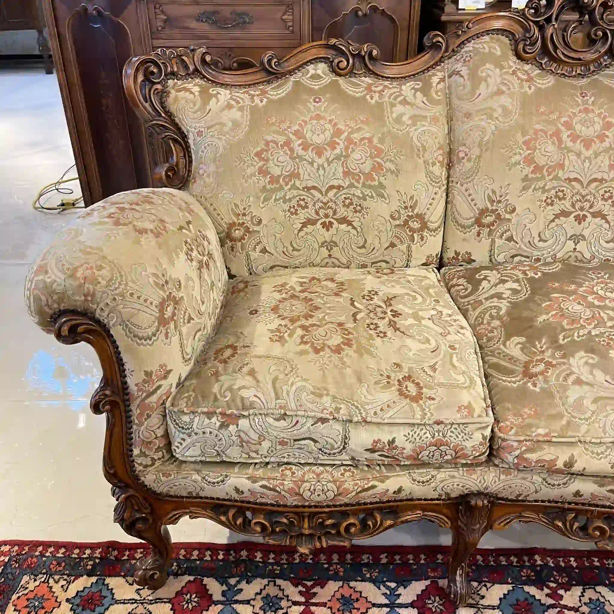 【リユース】 ソファセット / 天然木 / イタリア / アンティーク調,ロココ様式ハンドカービング,金華山織