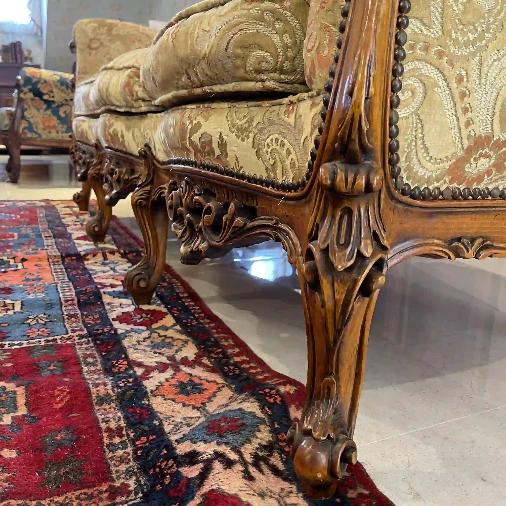 【リユース】 ソファセット / 天然木 / イタリア / アンティーク調,ロココ様式ハンドカービング,金華山織