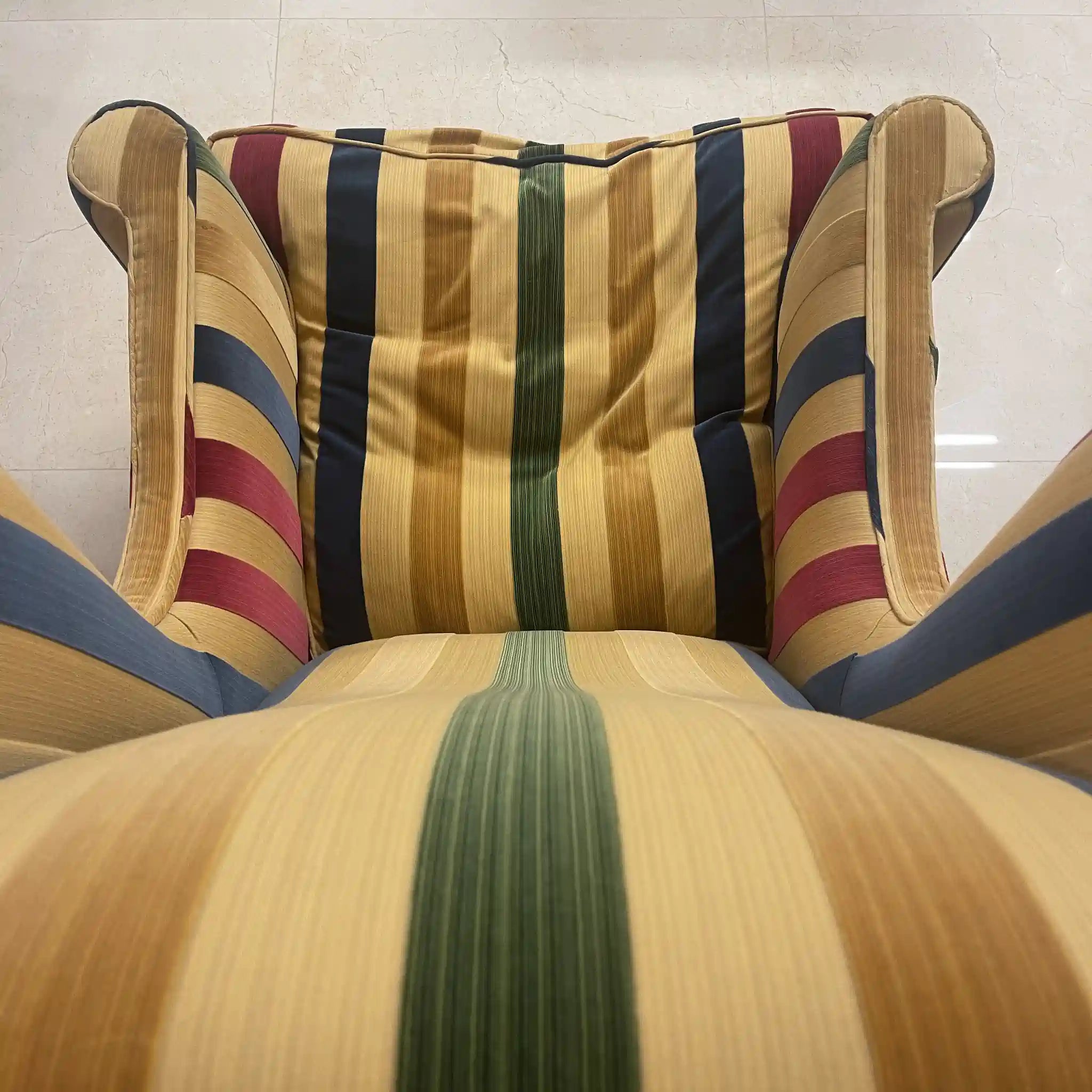 【アンティーク】 ウィングソファ 1P / ジョージアン様式 / 20世紀後期(推定) / ビーチ材 / イギリス / マルチストライプ柄, クロウ&ボールフット