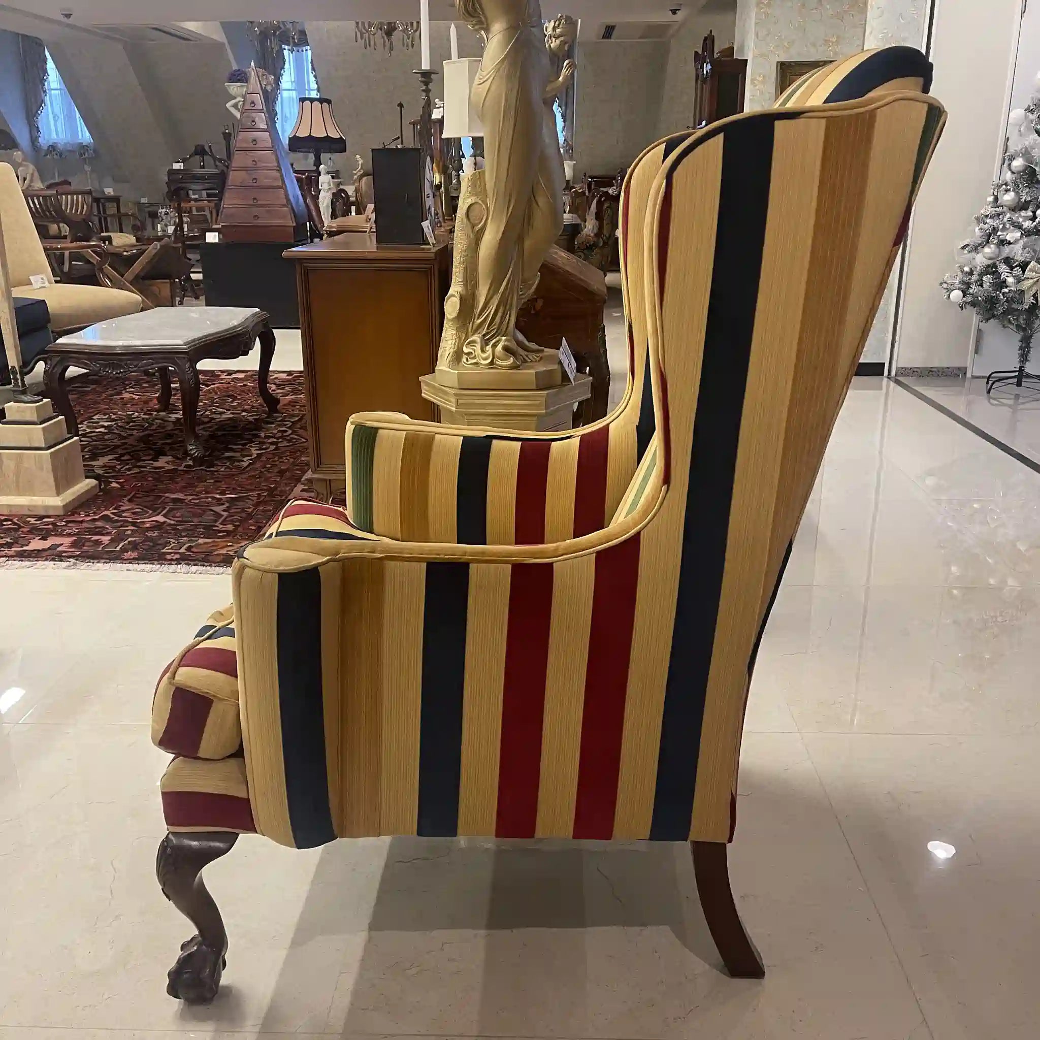 【アンティーク】 ウィングソファ 1P / ジョージアン様式 / 20世紀後期(推定) / ビーチ材 / イギリス / マルチストライプ柄, クロウ&ボールフット