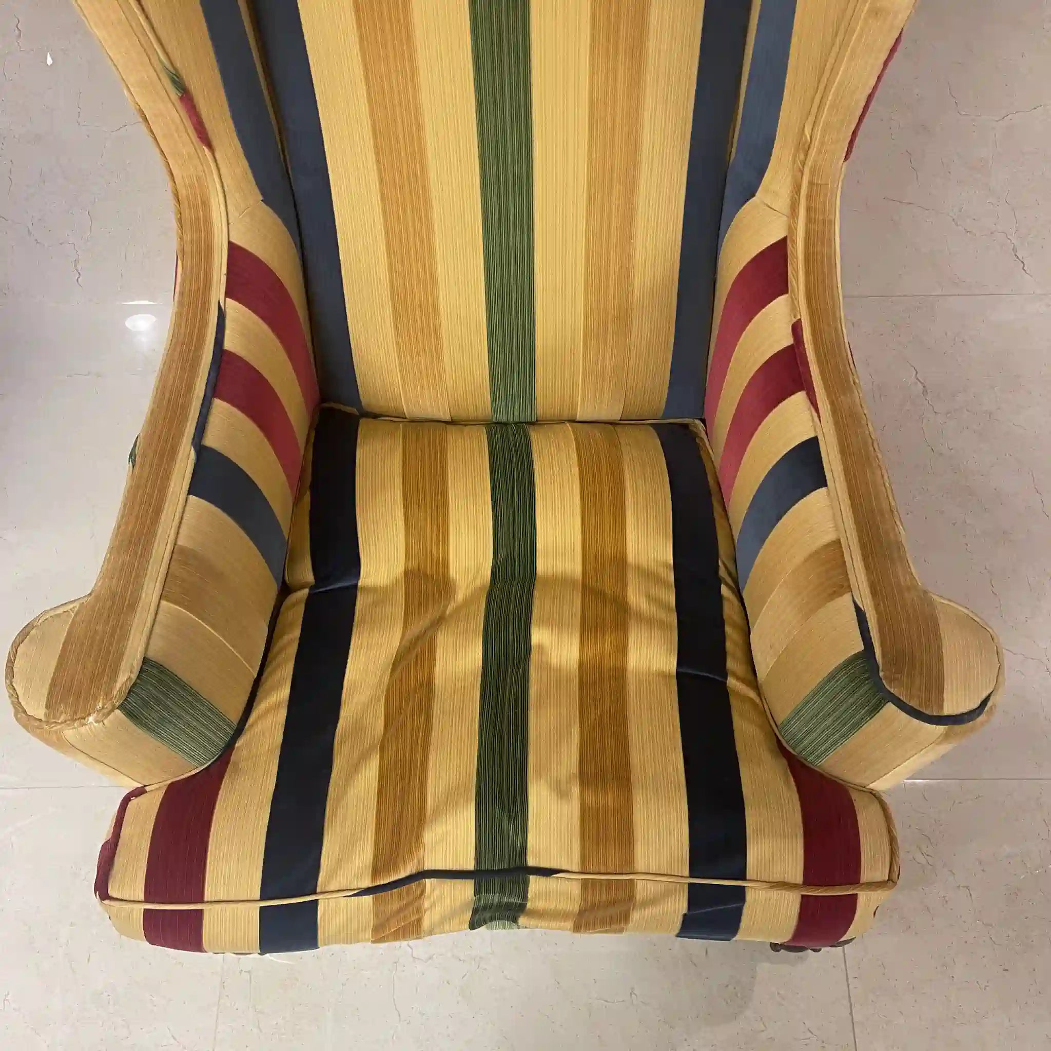 【アンティーク】 ウィングソファ 1P / ジョージアン様式 / 20世紀後期(推定) / ビーチ材 / イギリス / マルチストライプ柄, クロウ&ボールフット