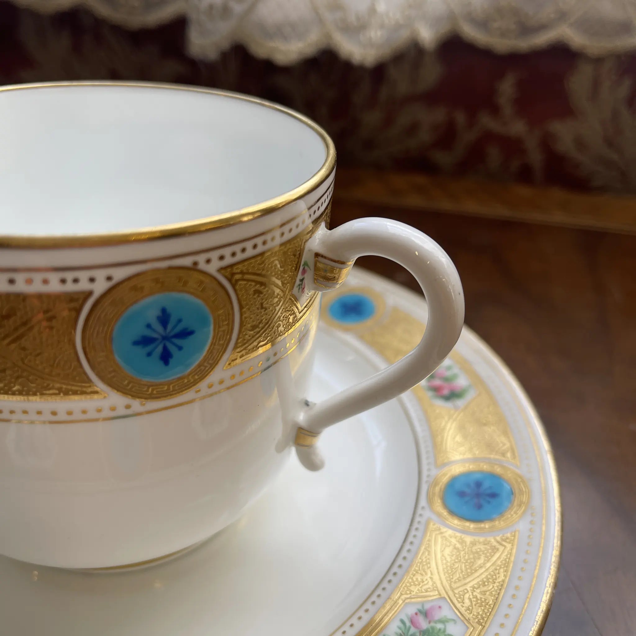 Antique Minton Cup and Saucer, Turquoise Series, circa 1870, England, with Gold Decoration