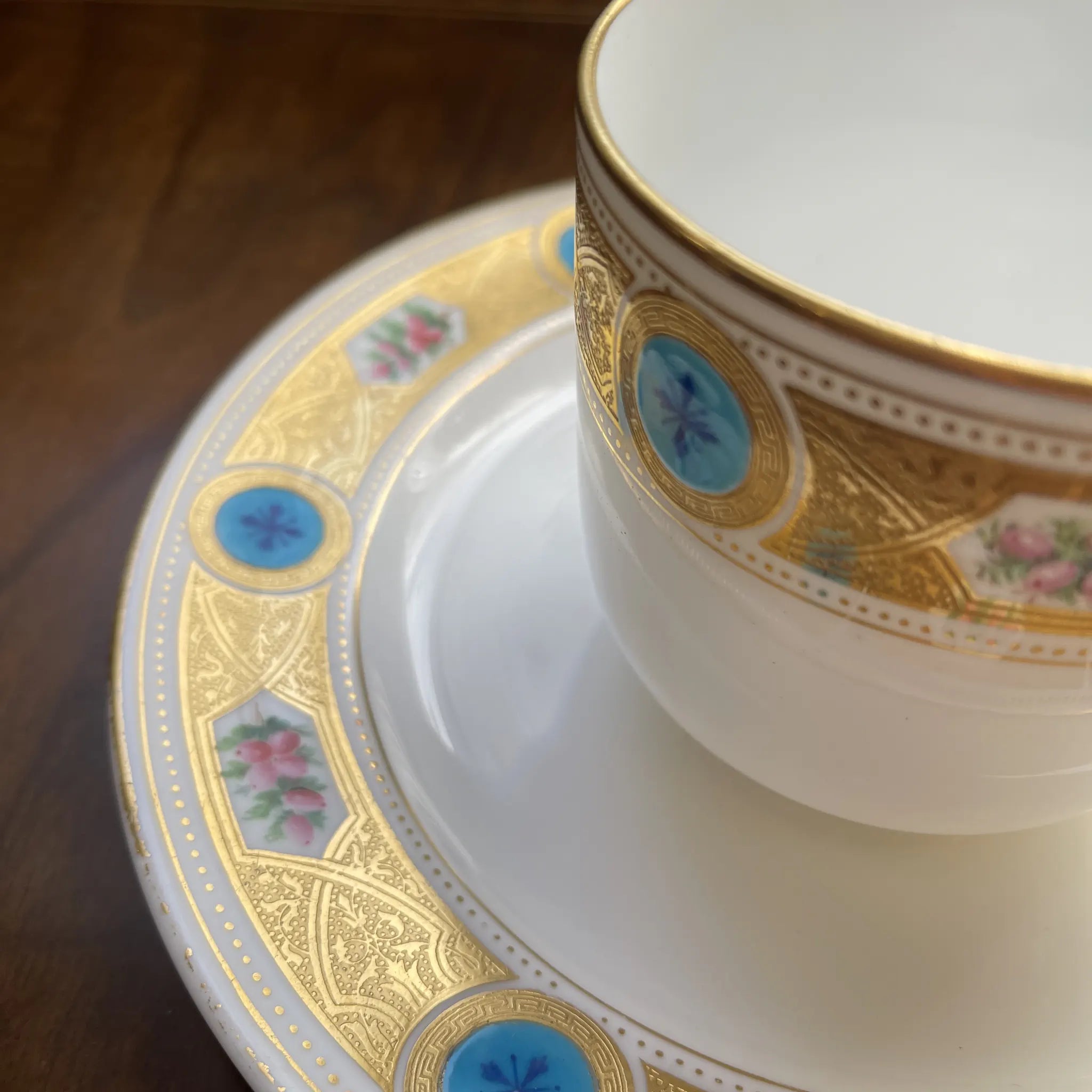 Antique Minton Cup and Saucer, Turquoise Series, circa 1870, England, with Gold Decoration