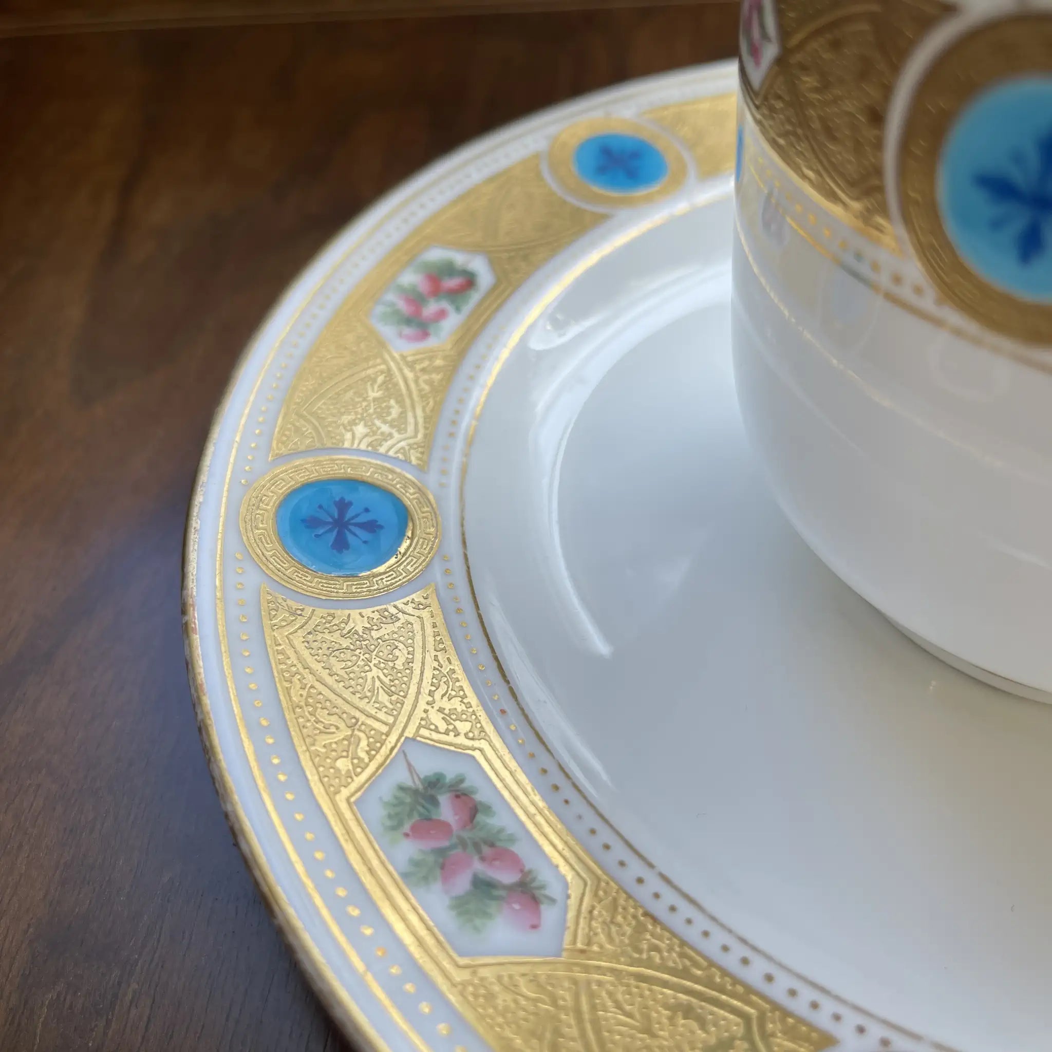 Antique Minton Cup and Saucer, Turquoise Series, circa 1870, England, with Gold Decoration