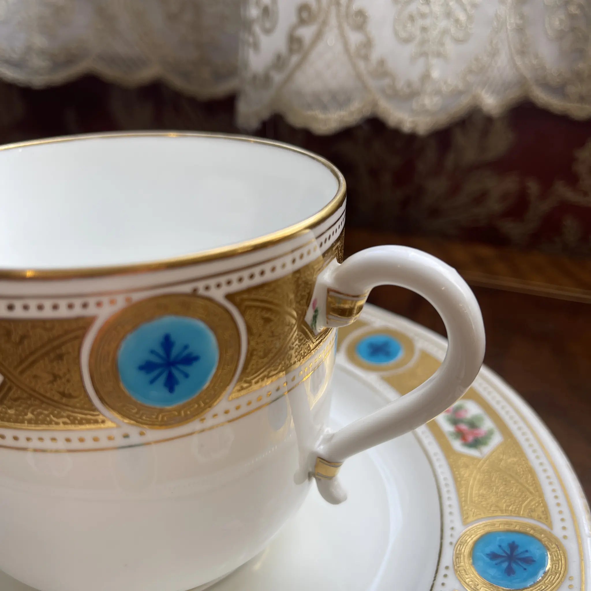 Antique Minton Cup and Saucer, Turquoise Series, circa 1870, England, with Gold Decoration