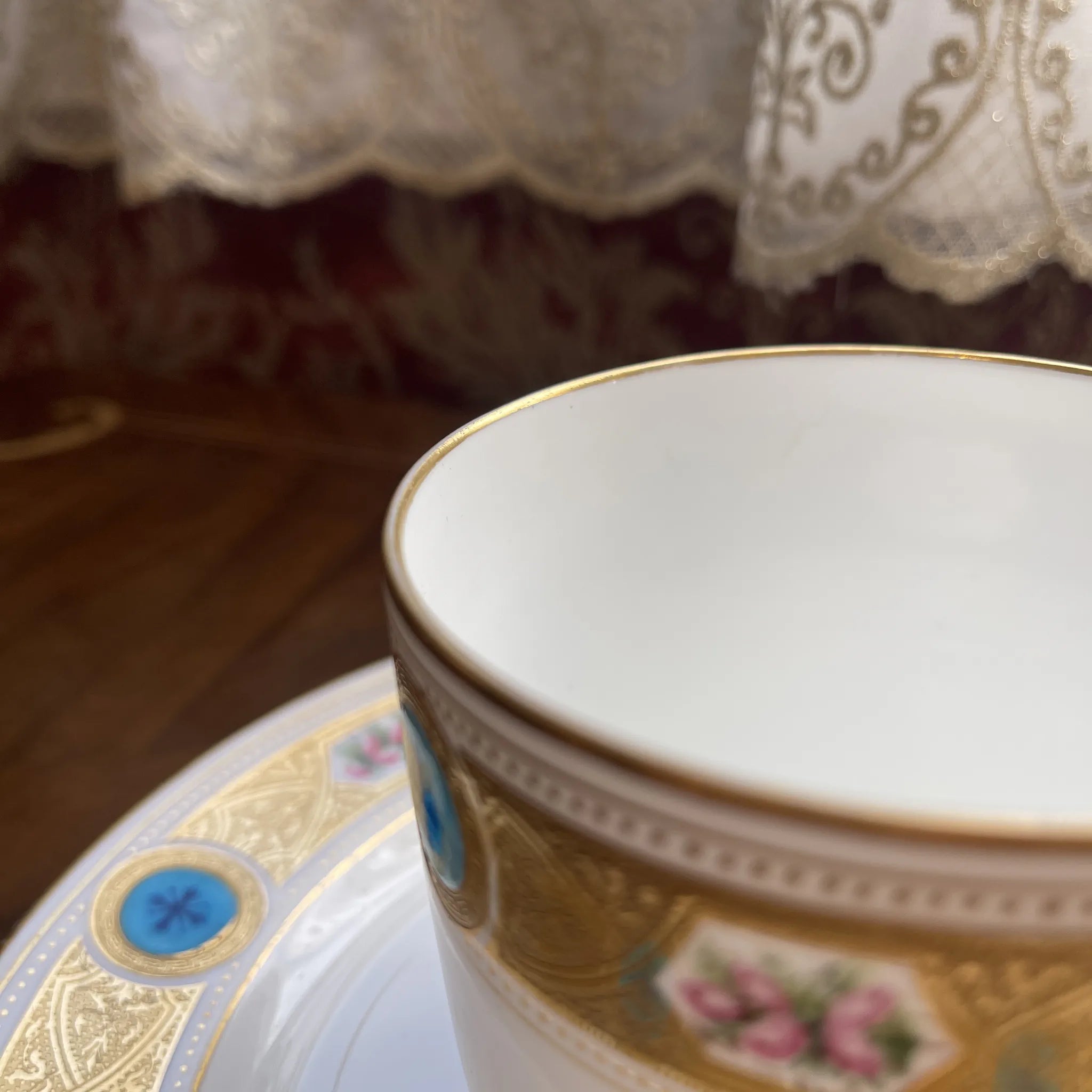 Antique Minton Cup and Saucer, Turquoise Series, circa 1870, England, with Gold Decoration