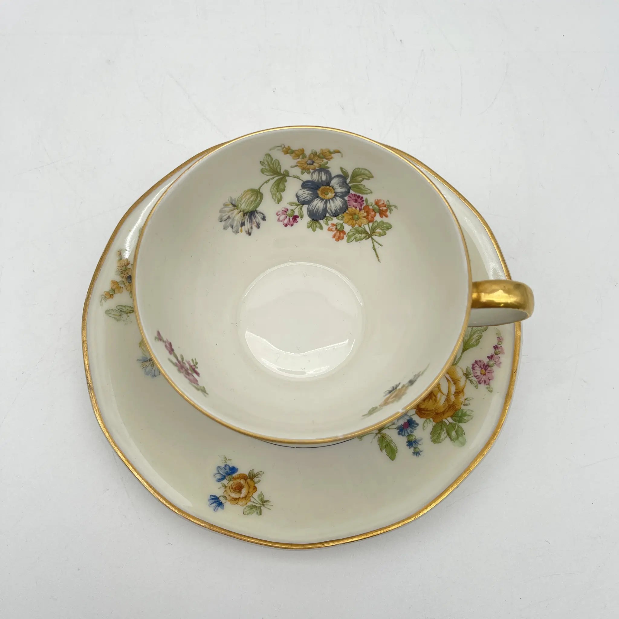 【古董】茶杯&茶托2p / Theodore Haviland(西奥多阿比兰)/ Nosegay /估计20c早中期/瓷器/法国/花束,金色