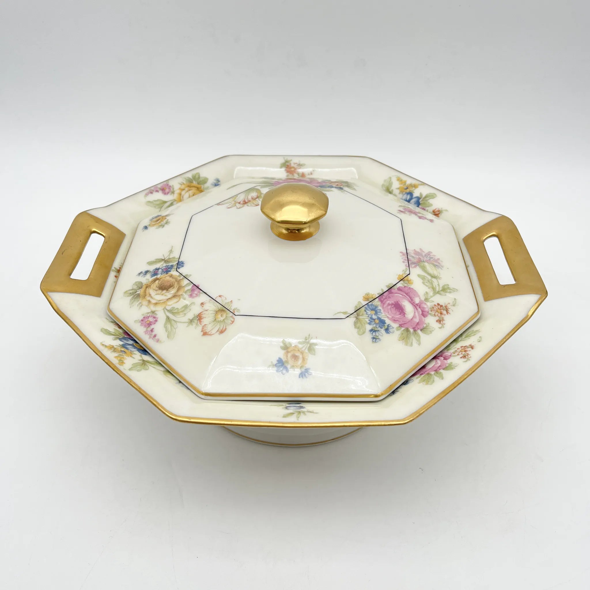 【古董】带盖的蔬菜菜/ Theodore Haviland(西奥多阿比兰)/ Nosegay /估计20c早中期/瓷器/法国/花束,金色, 八角形