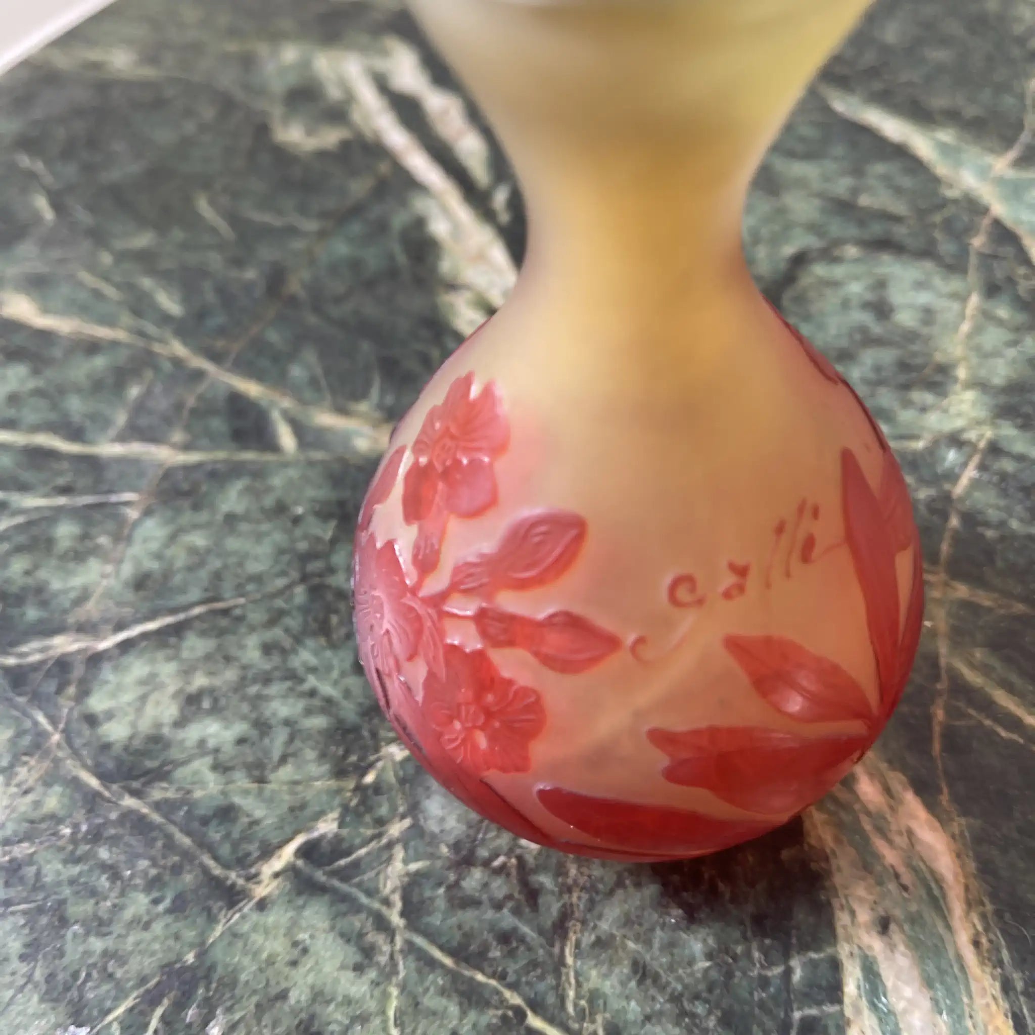 【古董】圆底玻璃花瓶/ galle工房/渐变装饰,浮雕雕刻技法,植物学图案