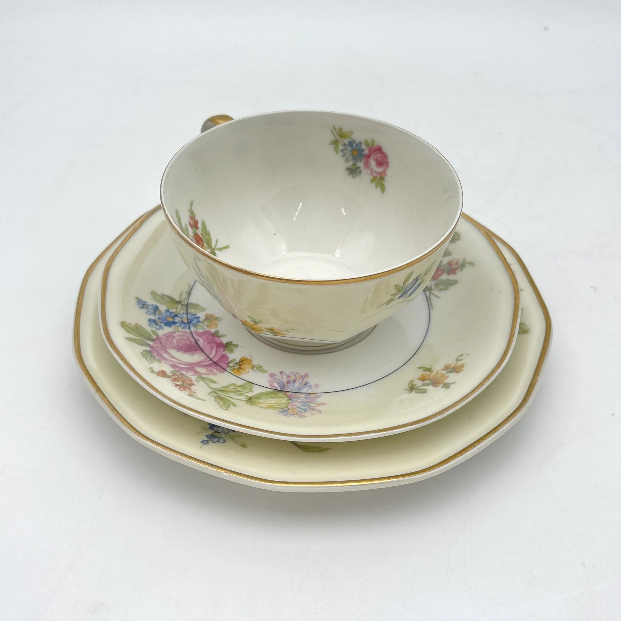 【古董】三重奏+茶杯/ Theodore Haviland / Nosegay /估计20c早中期/瓷器/法国/花束,金彩