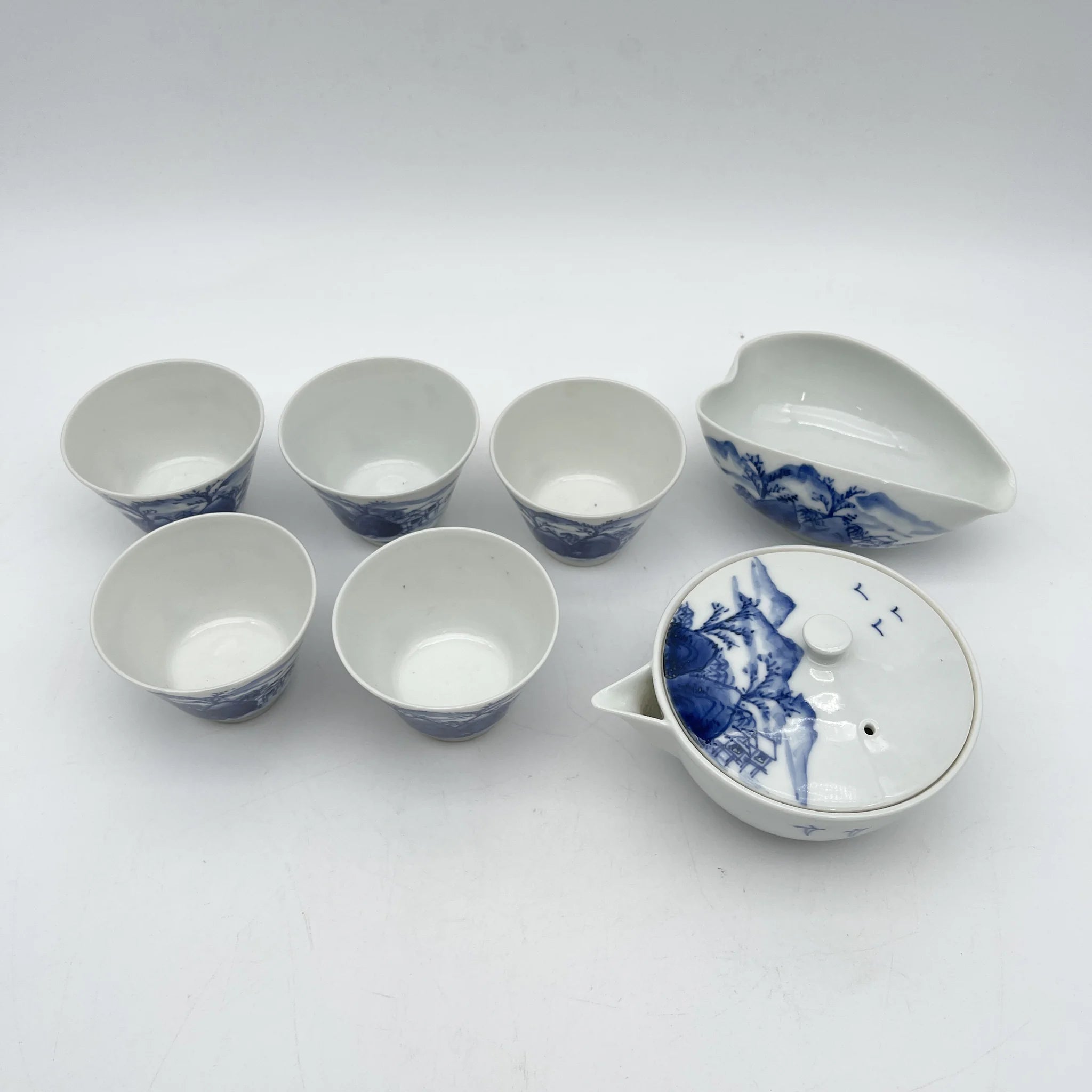 【复古】煎茶具组套(宝瓶,凉茶,茶碗5p) /出石永山/推测1960-80s /瓷器/日本/山水文学