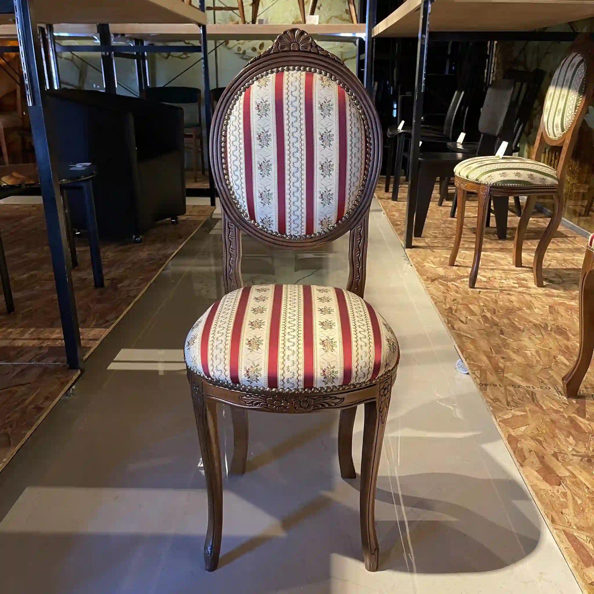 Antique Dining Chair / Rococo Style (Louis XV Style) / Cabriole Legs, Rocaille Relief, Jacquard Seat