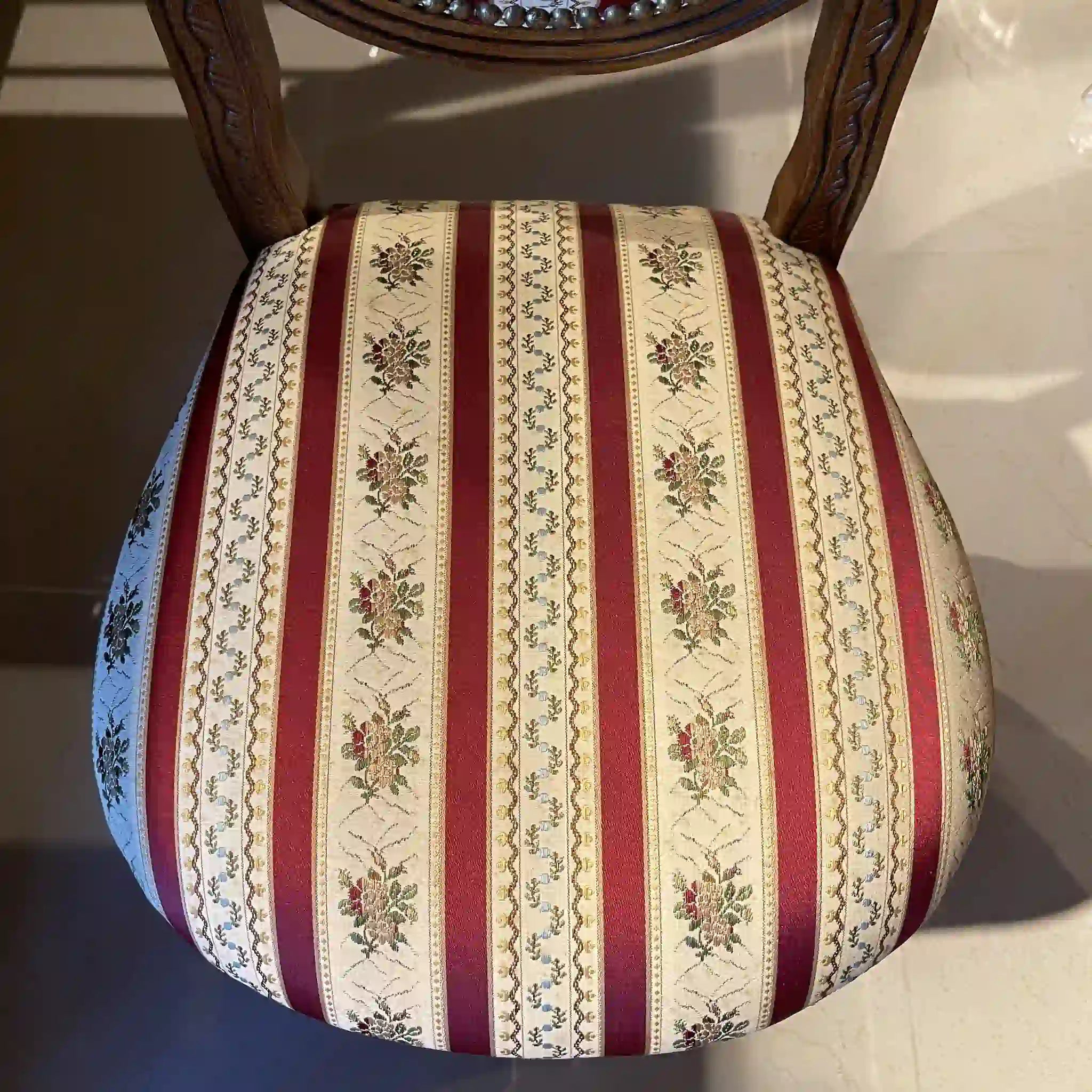 Antique Dining Chair / Rococo Style (Louis XV Style) / Cabriole Legs, Rocaille Relief, Jacquard Seat