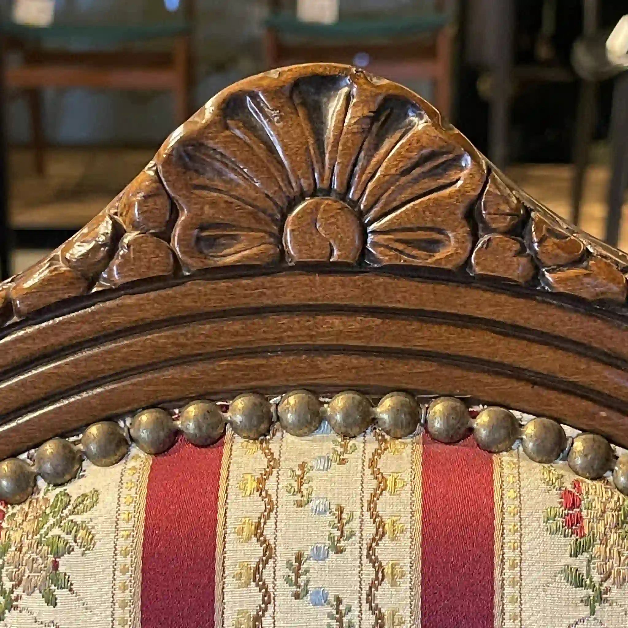 Antique Dining Chair / Rococo Style (Louis XV Style) / Cabriole Legs, Rocaille Relief, Jacquard Seat