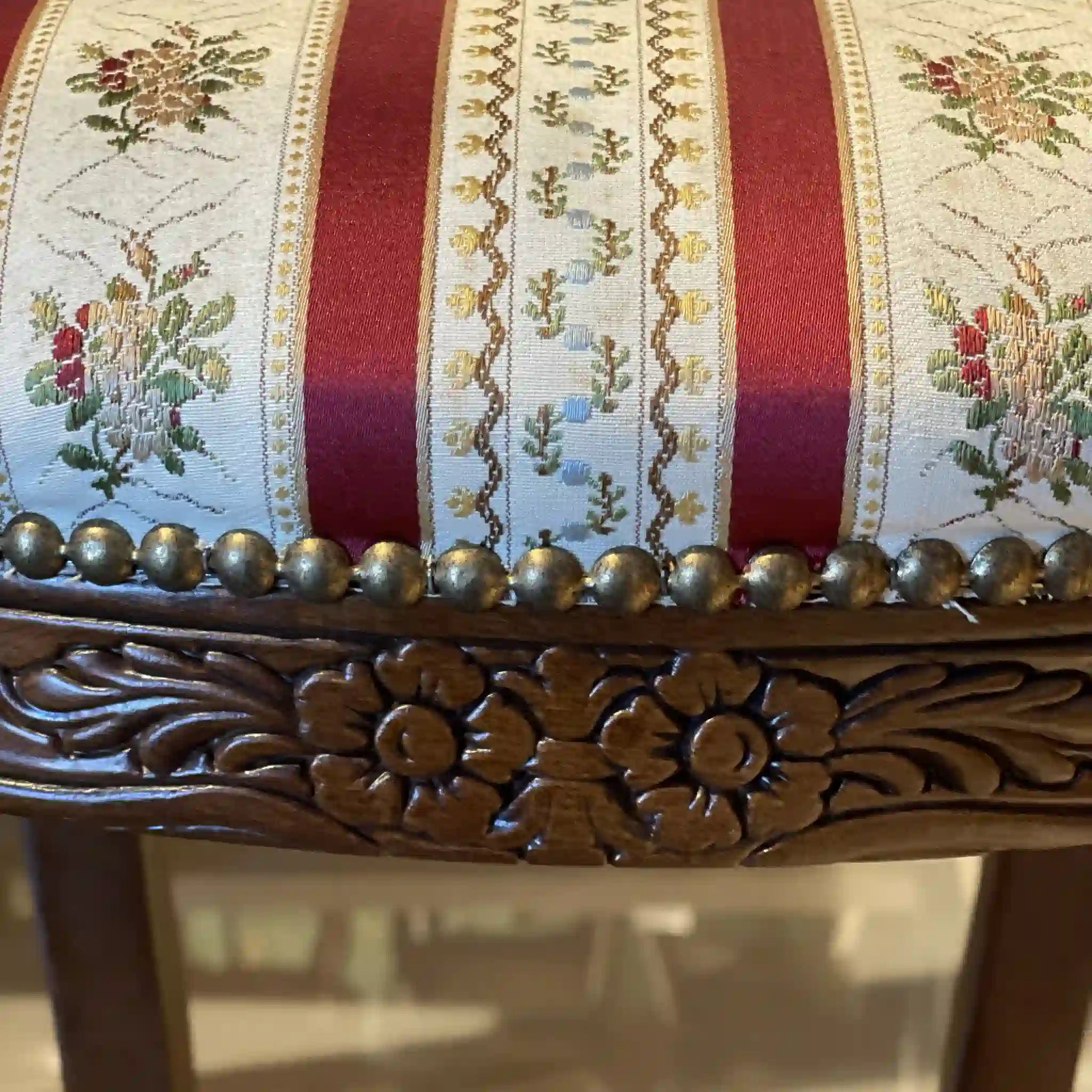 Antique Dining Chair / Rococo Style (Louis XV Style) / Cabriole Legs, Rocaille Relief, Jacquard Seat