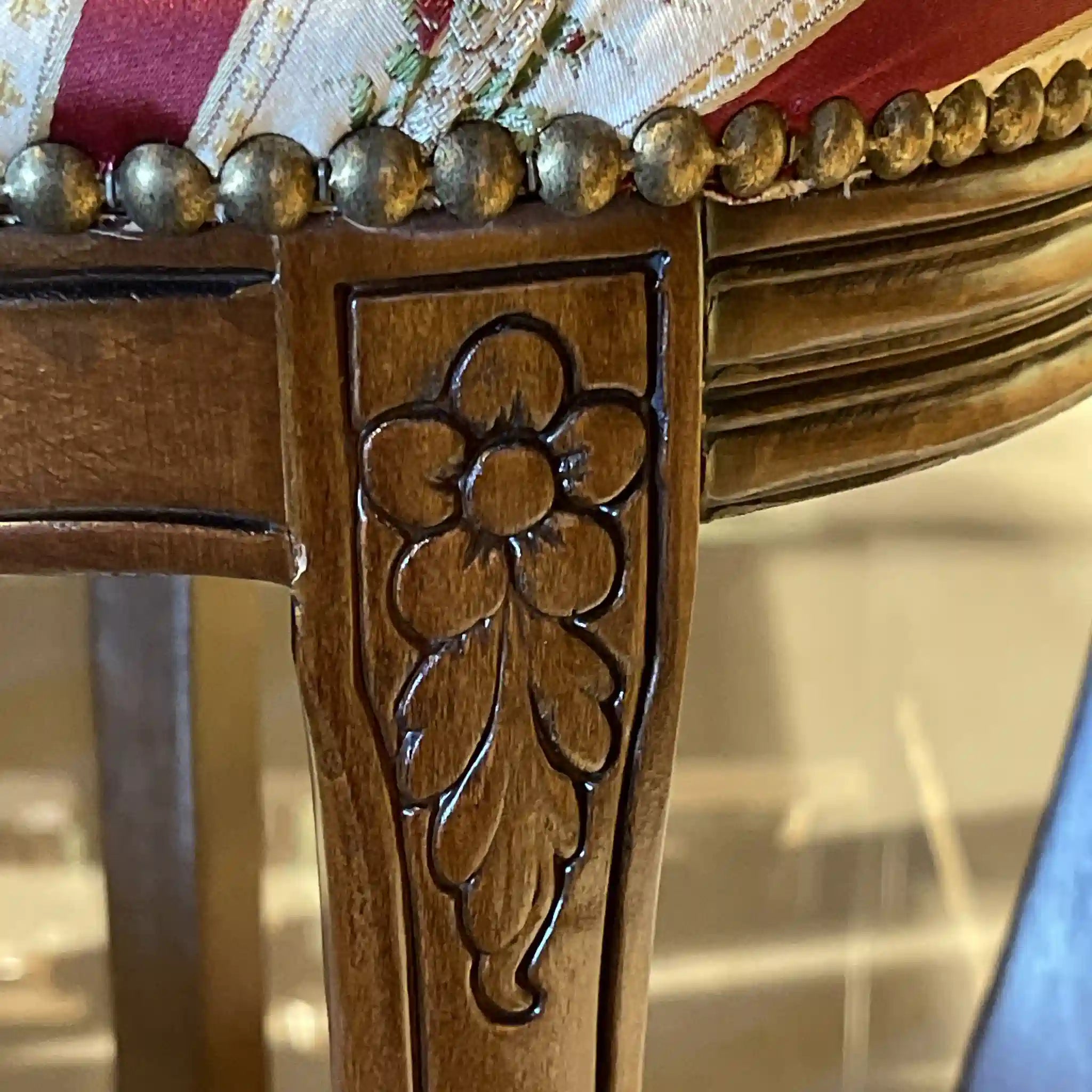 Antique Dining Chair / Rococo Style (Louis XV Style) / Cabriole Legs, Rocaille Relief, Jacquard Seat