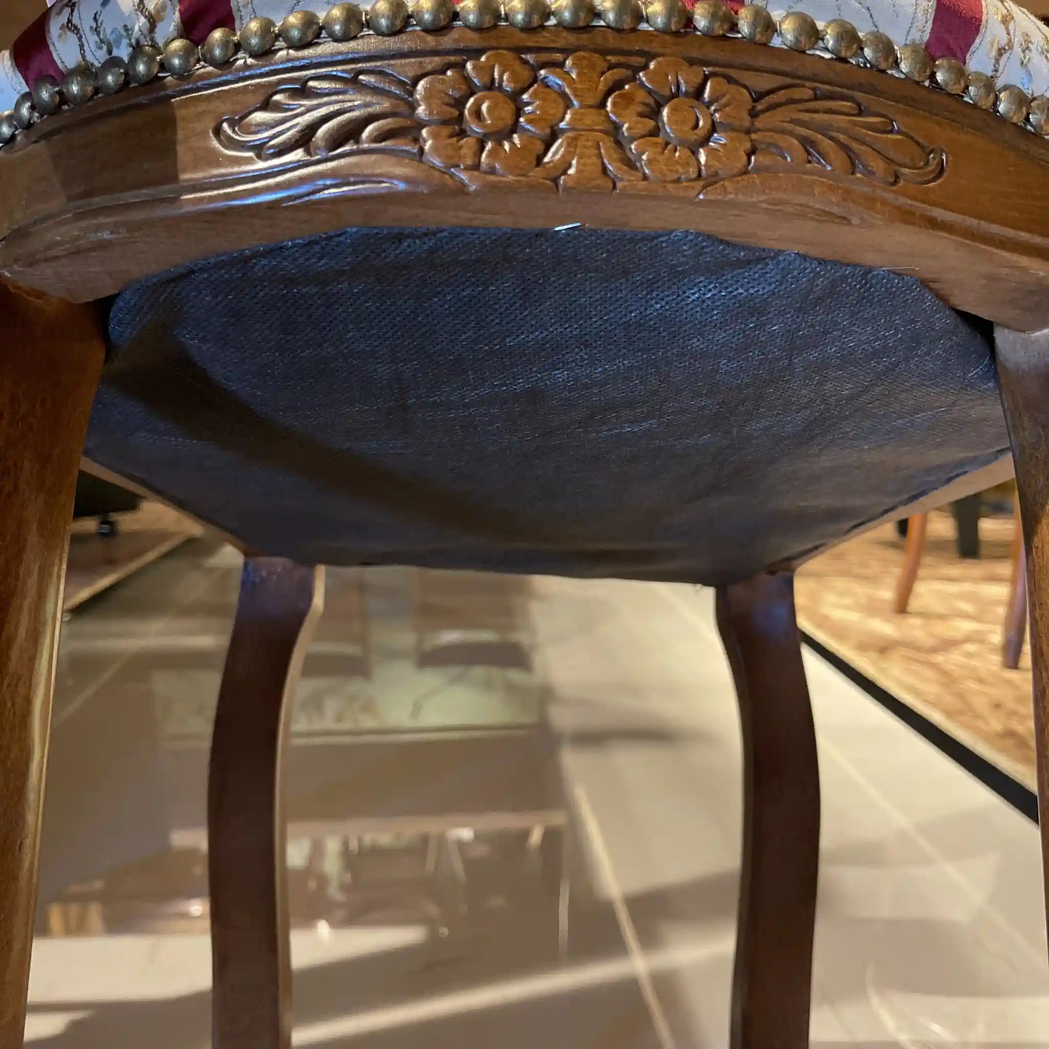 Antique Dining Chair / Rococo Style (Louis XV Style) / Cabriole Legs, Rocaille Relief, Jacquard Seat