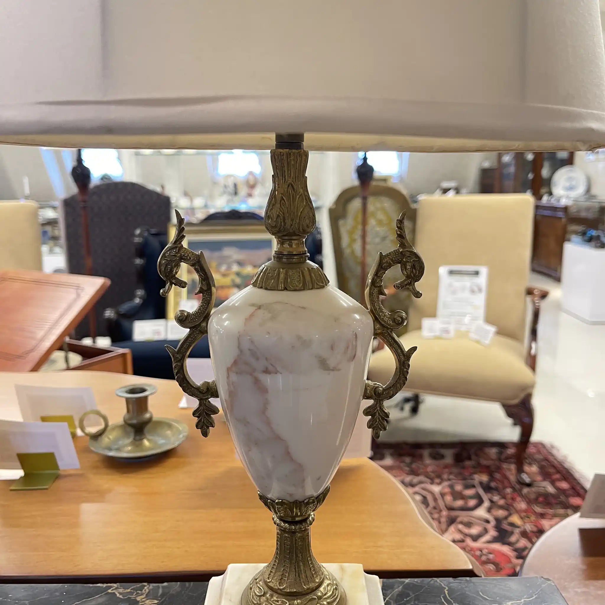 Antique table lamp set of two, estimated to be from the late 20th century, marble and brass, from England