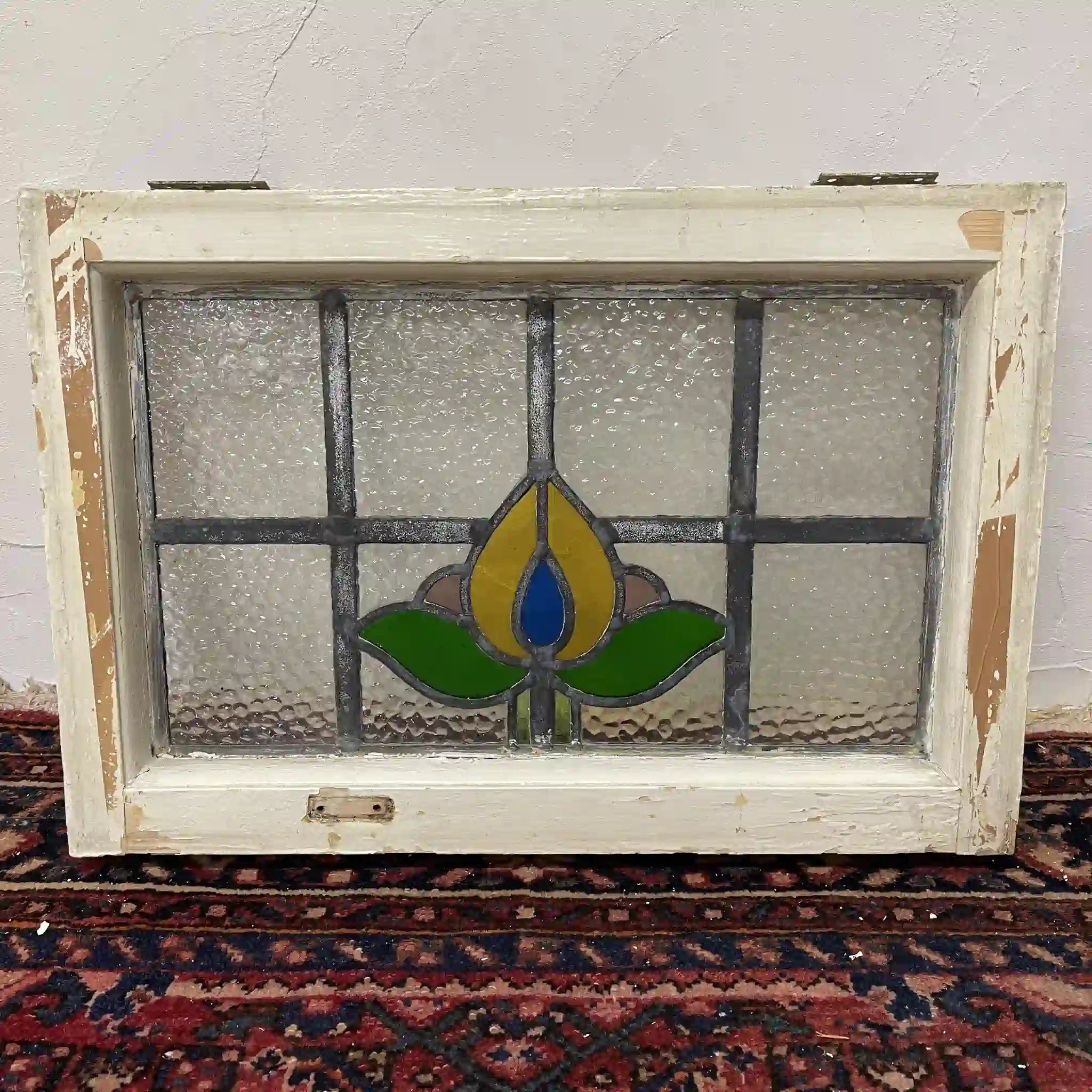 【アンティーク】 ステンドグラス / アール・ヌーヴォー / 20世紀初頭 (推定) / ガラス / イギリス / テクスチャード・ガラス, チューリップモチーフ, 蝶番付