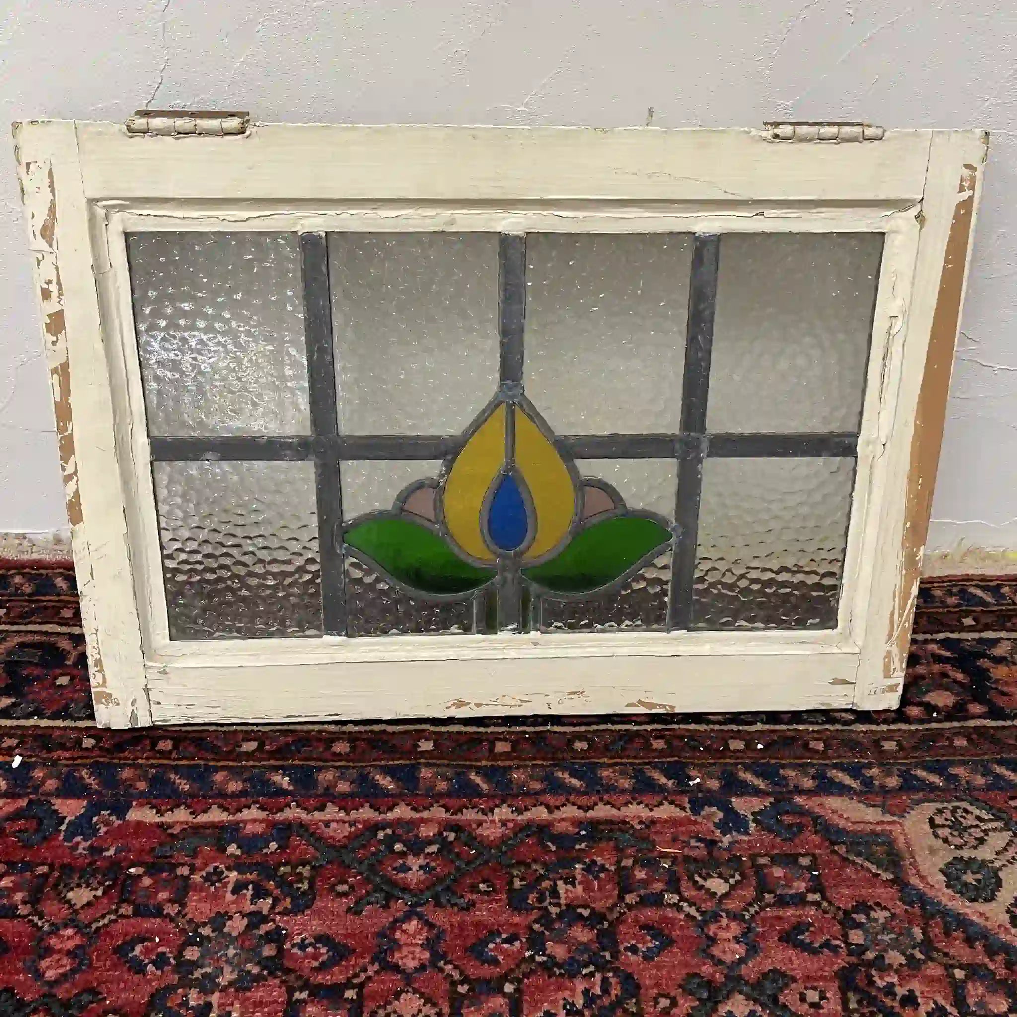 【アンティーク】 ステンドグラス / アール・ヌーヴォー / 20世紀初頭 (推定) / ガラス / イギリス / テクスチャード・ガラス, チューリップモチーフ, 蝶番付