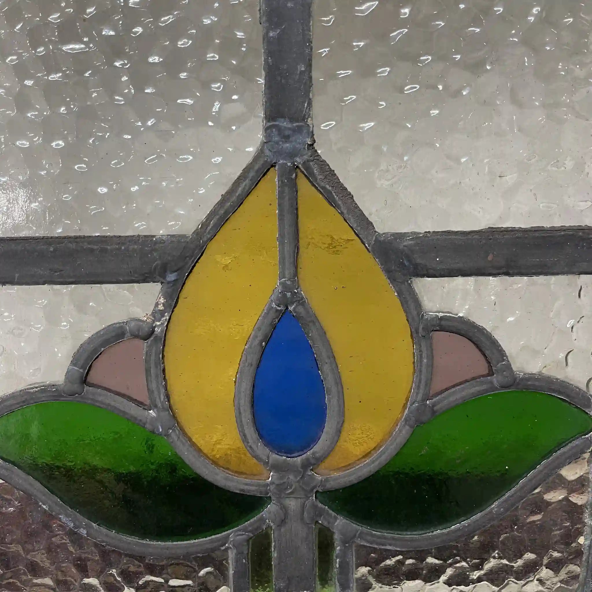 【アンティーク】 ステンドグラス / アール・ヌーヴォー / 20世紀初頭 (推定) / ガラス / イギリス / テクスチャード・ガラス, チューリップモチーフ, 蝶番付