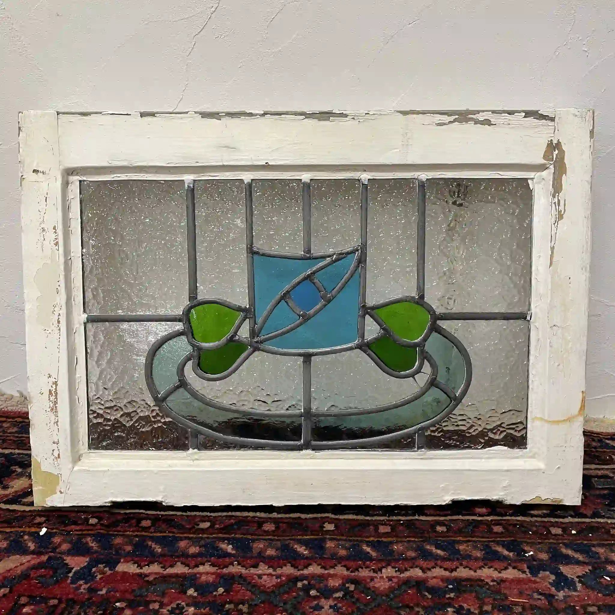 【アンティーク】 ステンドグラス / アール・デコ / 20世紀初頭 (推定) / ガラス / イギリス / テクスチャード・ガラス, 植物モチーフ, 幾何学的デザイン, ステイ付