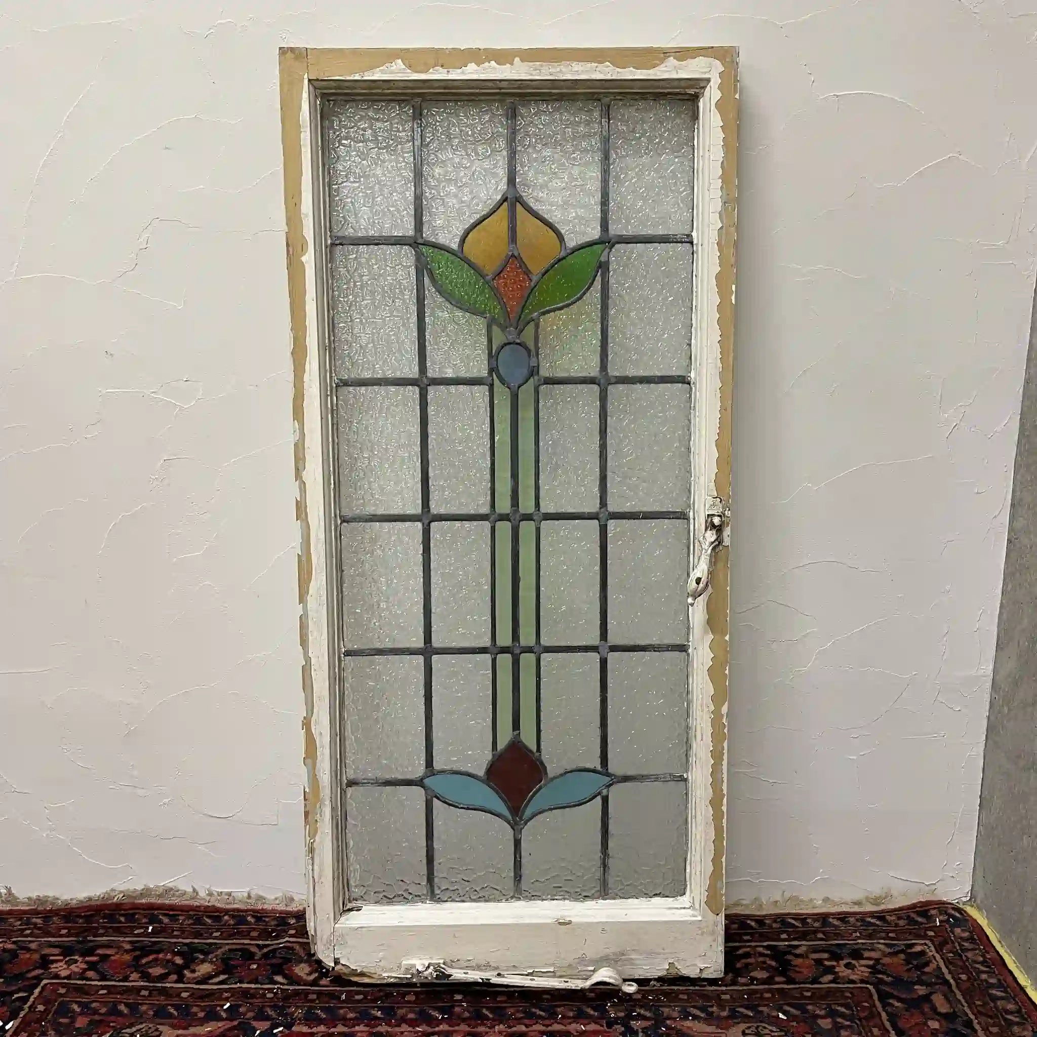 【アンティーク】 ステンドグラス / アール・ヌーヴォー / 20世紀初頭 (推定) / ガラス / イギリス / テクスチャード・ガラス, 植物モチーフ, ハンドル・ステイ付