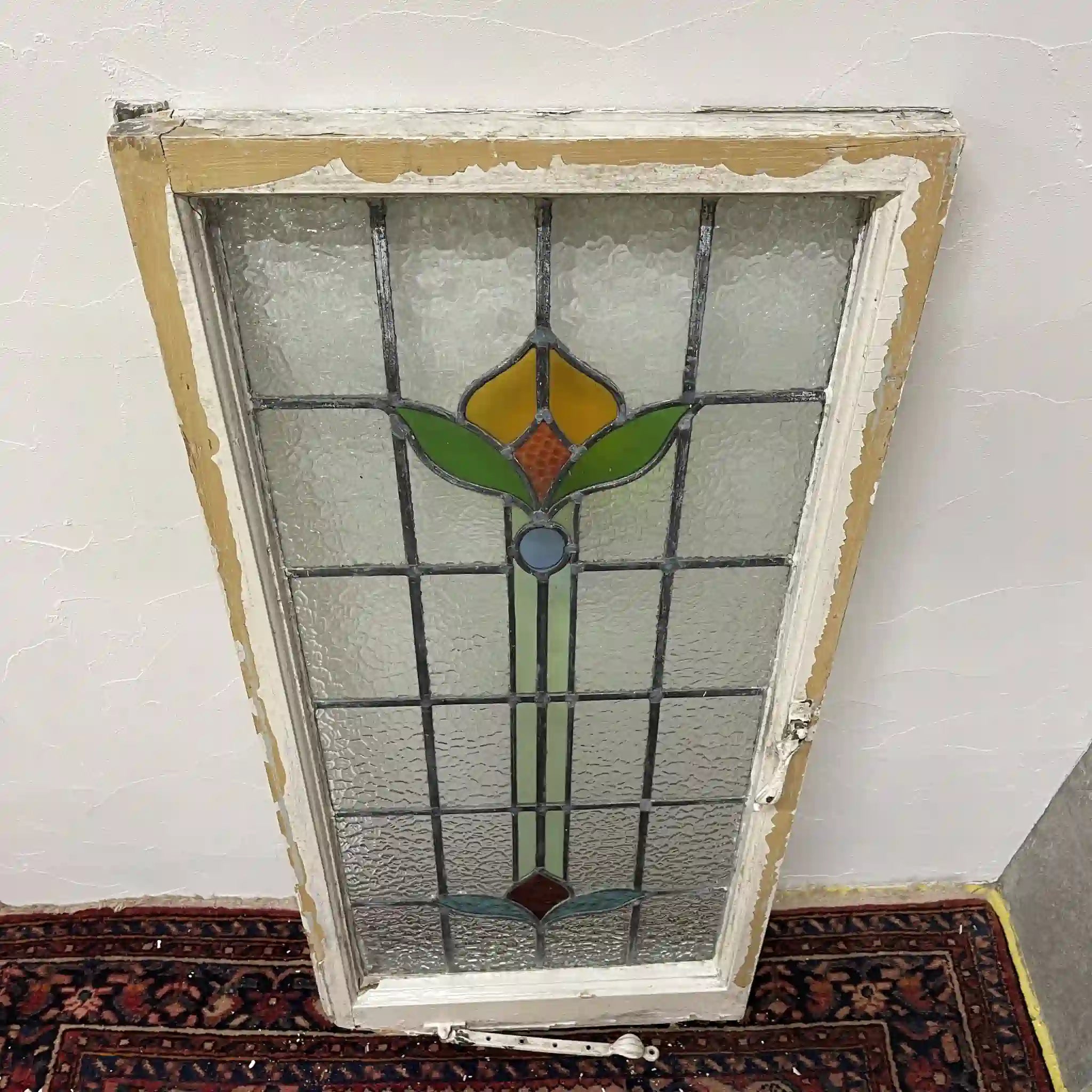 【アンティーク】 ステンドグラス / アール・ヌーヴォー / 20世紀初頭 (推定) / ガラス / イギリス / テクスチャード・ガラス, 植物モチーフ, ハンドル・ステイ付