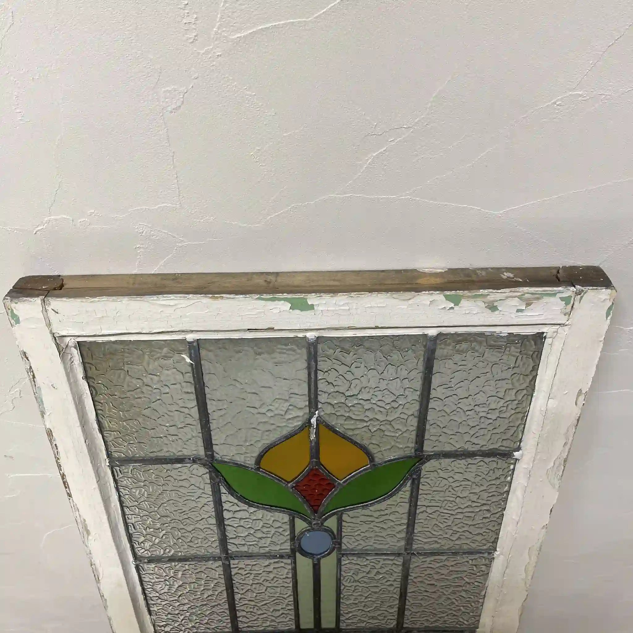 【アンティーク】 ステンドグラス / アール・ヌーヴォー / 20世紀初頭 (推定) / ガラス / イギリス / テクスチャード・ガラス, 植物モチーフ, ハンドル・ステイ付