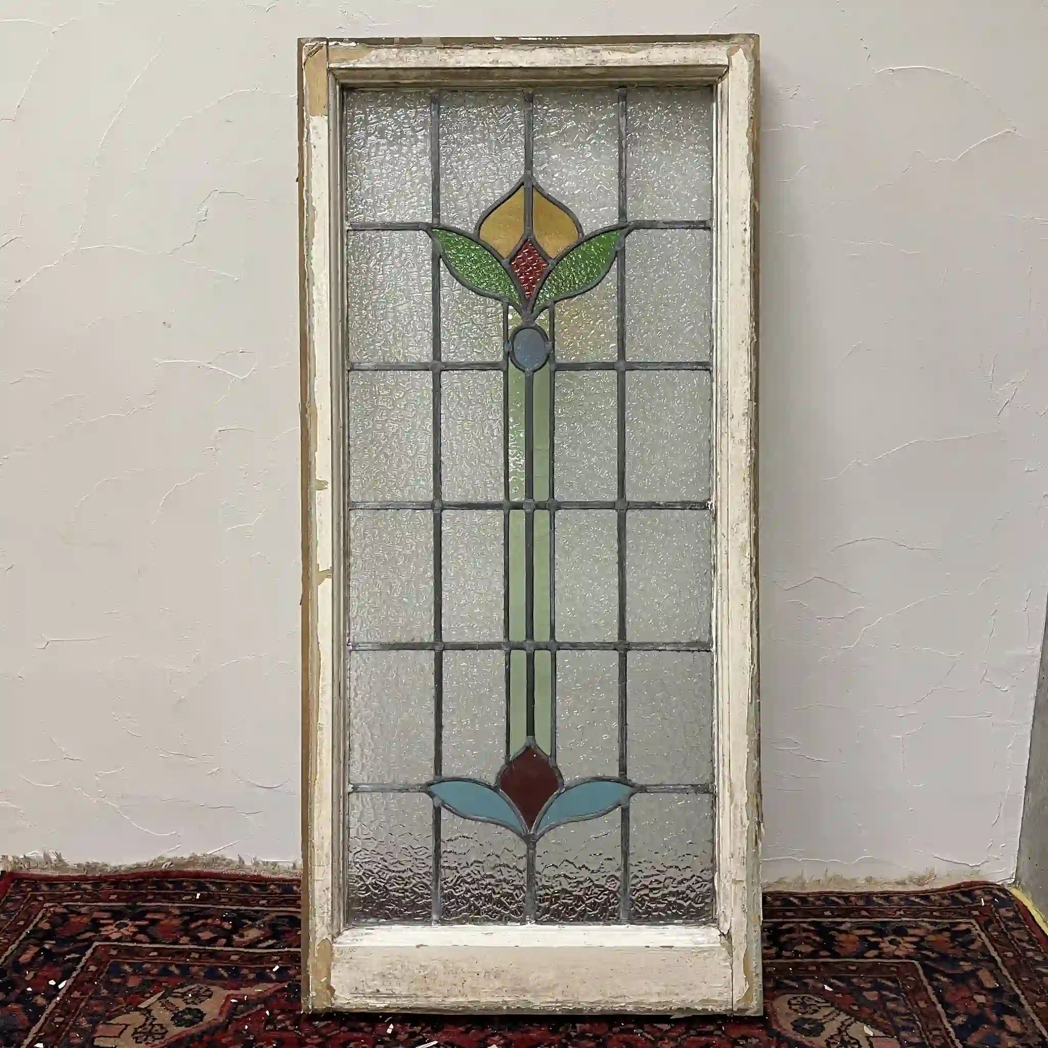 【アンティーク】 ステンドグラス / アール・ヌーヴォー / 20世紀初頭 (推定) / ガラス / イギリス / テクスチャード・ガラス, 植物モチーフ, ハンドル・ステイ付