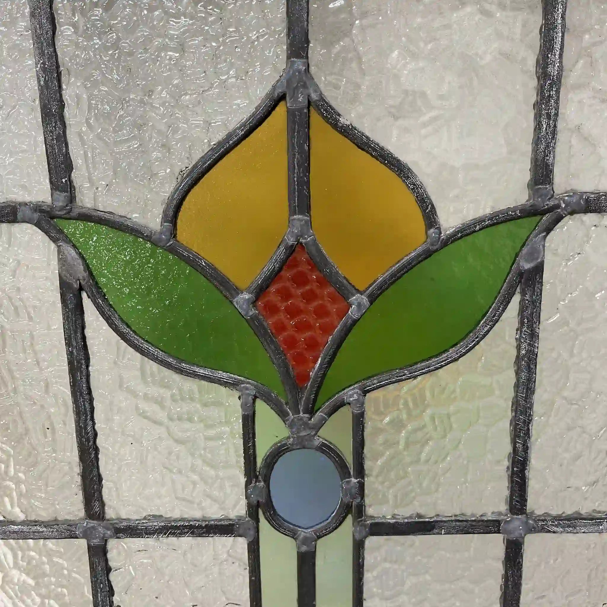 【アンティーク】 ステンドグラス / アール・ヌーヴォー / 20世紀初頭 (推定) / ガラス / イギリス / テクスチャード・ガラス, 植物モチーフ, ハンドル・ステイ付