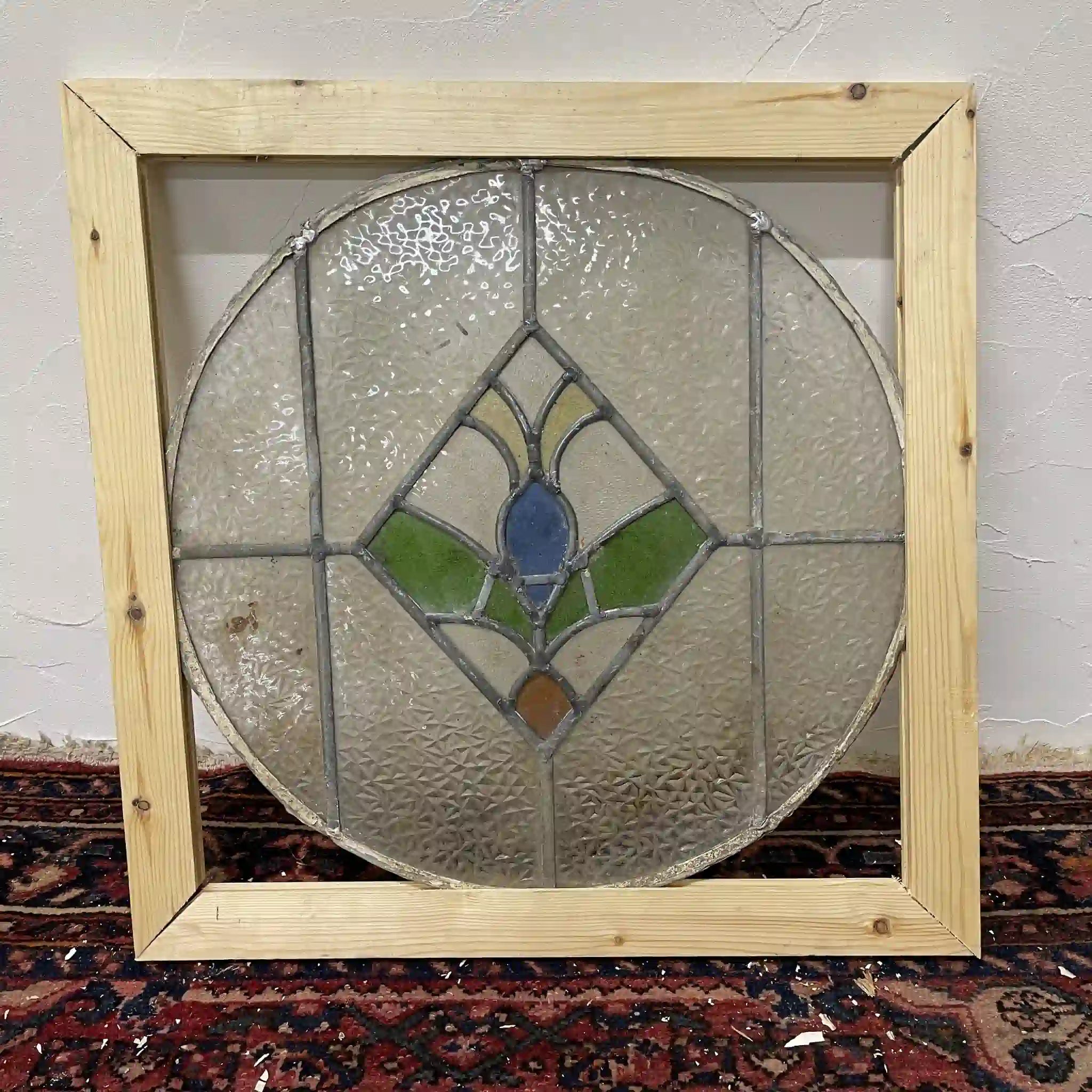 【アンティーク】 ラウンドステンドグラス / アール・デコ / 20世紀初頭 (推定) / ガラス / イギリス / テクスチャード・ガラス, 植物モチーフ, 幾何学的デザイン,