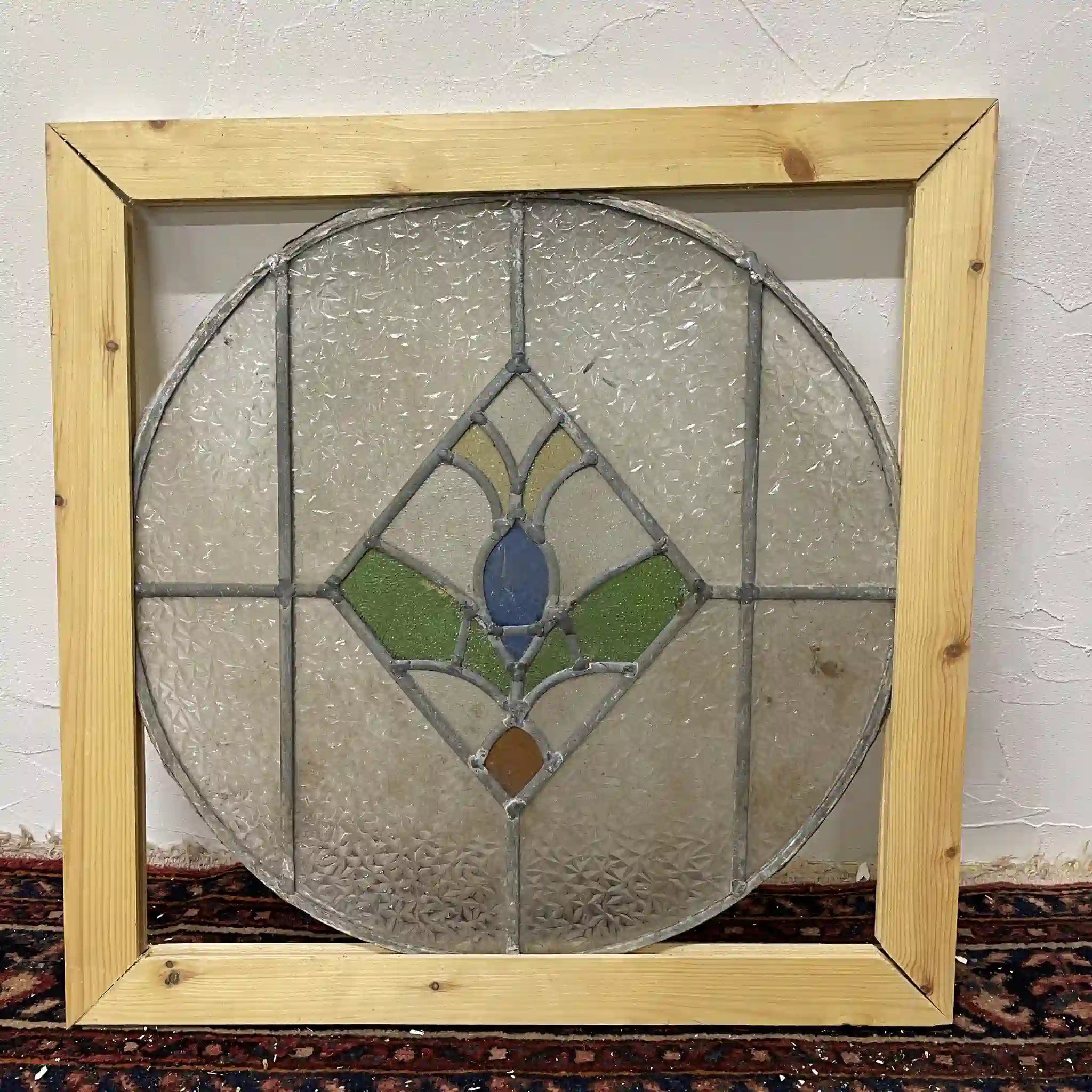【アンティーク】 ラウンドステンドグラス / アール・デコ / 20世紀初頭 (推定) / ガラス / イギリス / テクスチャード・ガラス, 植物モチーフ, 幾何学的デザイン,