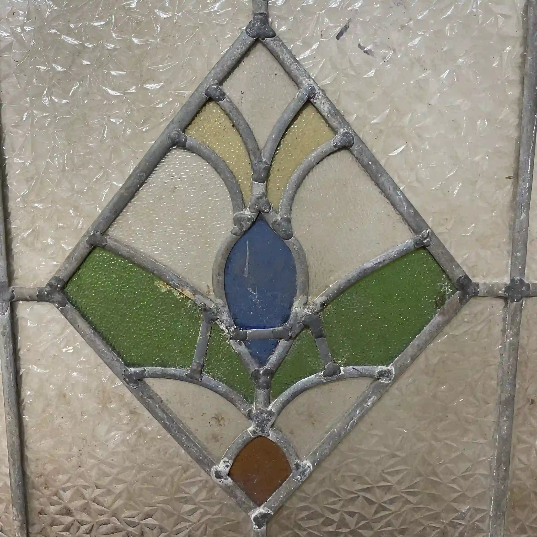 【アンティーク】 ラウンドステンドグラス / アール・デコ / 20世紀初頭 (推定) / ガラス / イギリス / テクスチャード・ガラス, 植物モチーフ, 幾何学的デザイン,